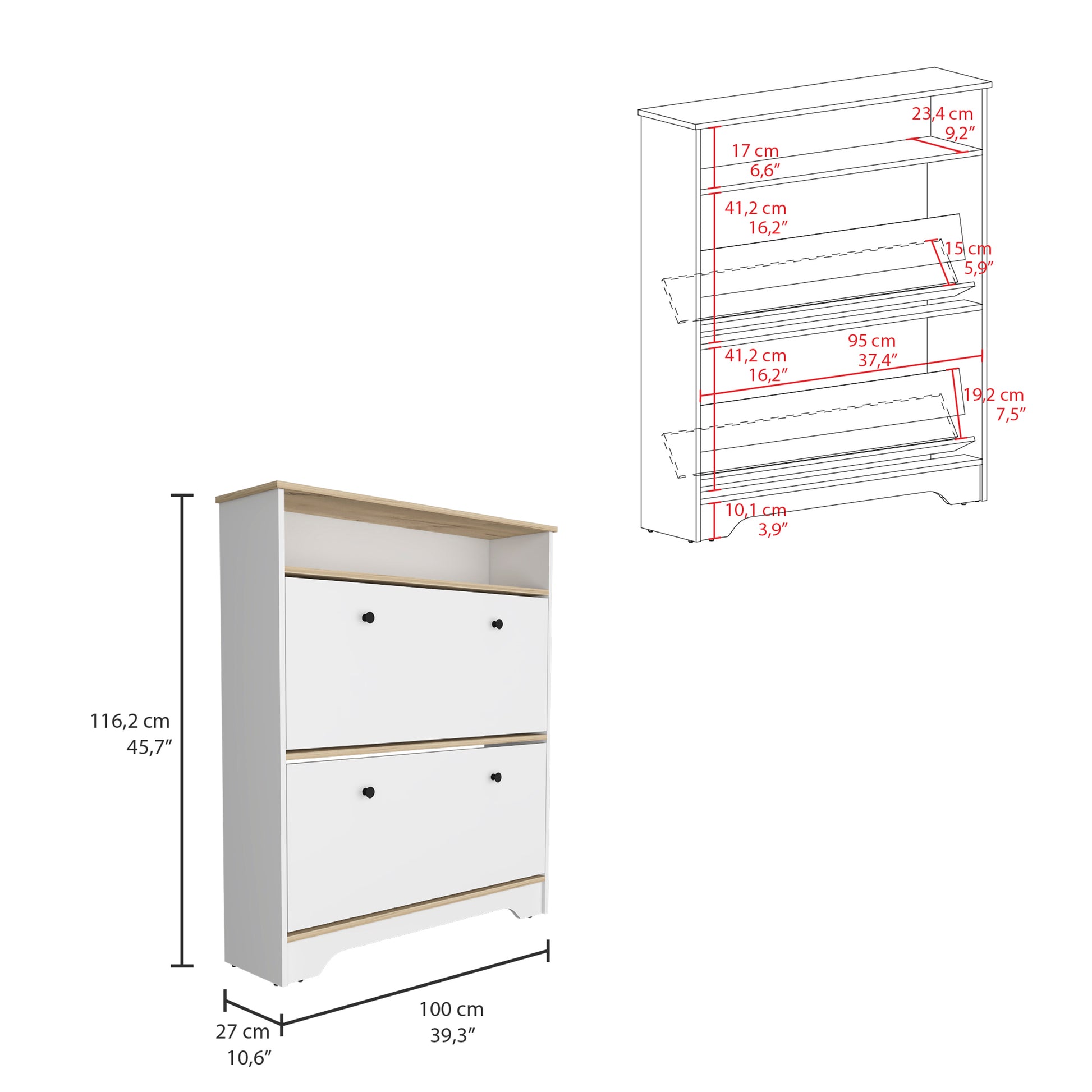 White and wood accent shoe cabinet with two flipout drawers