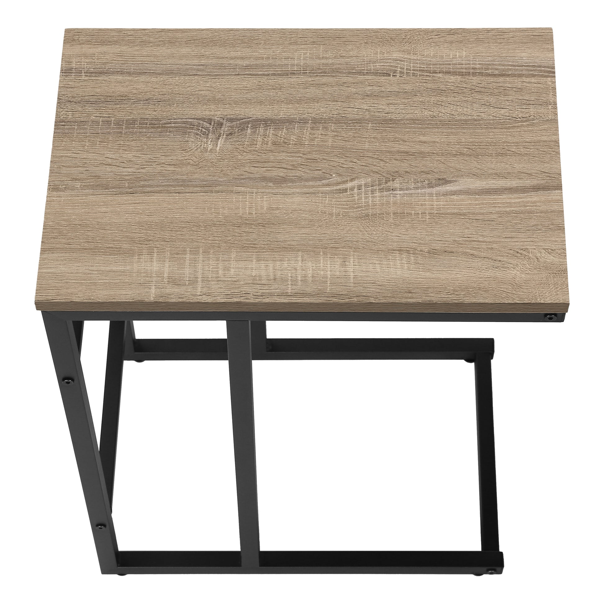 Light brown wood grain top modern Ctable with black metal frame