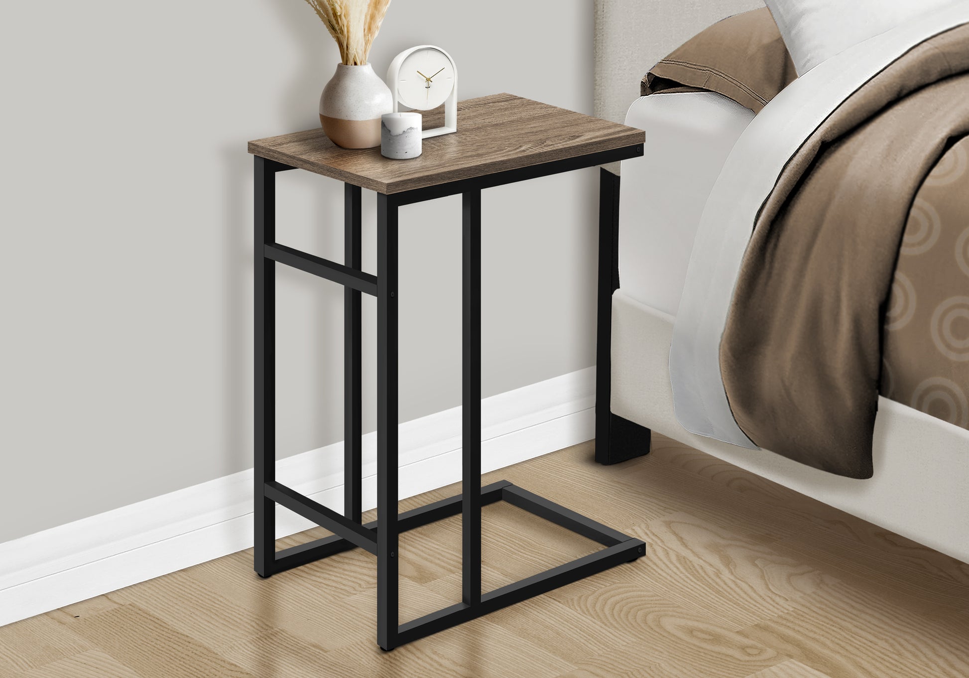Rustic wood top C table with black metal frame ideal for small spaces