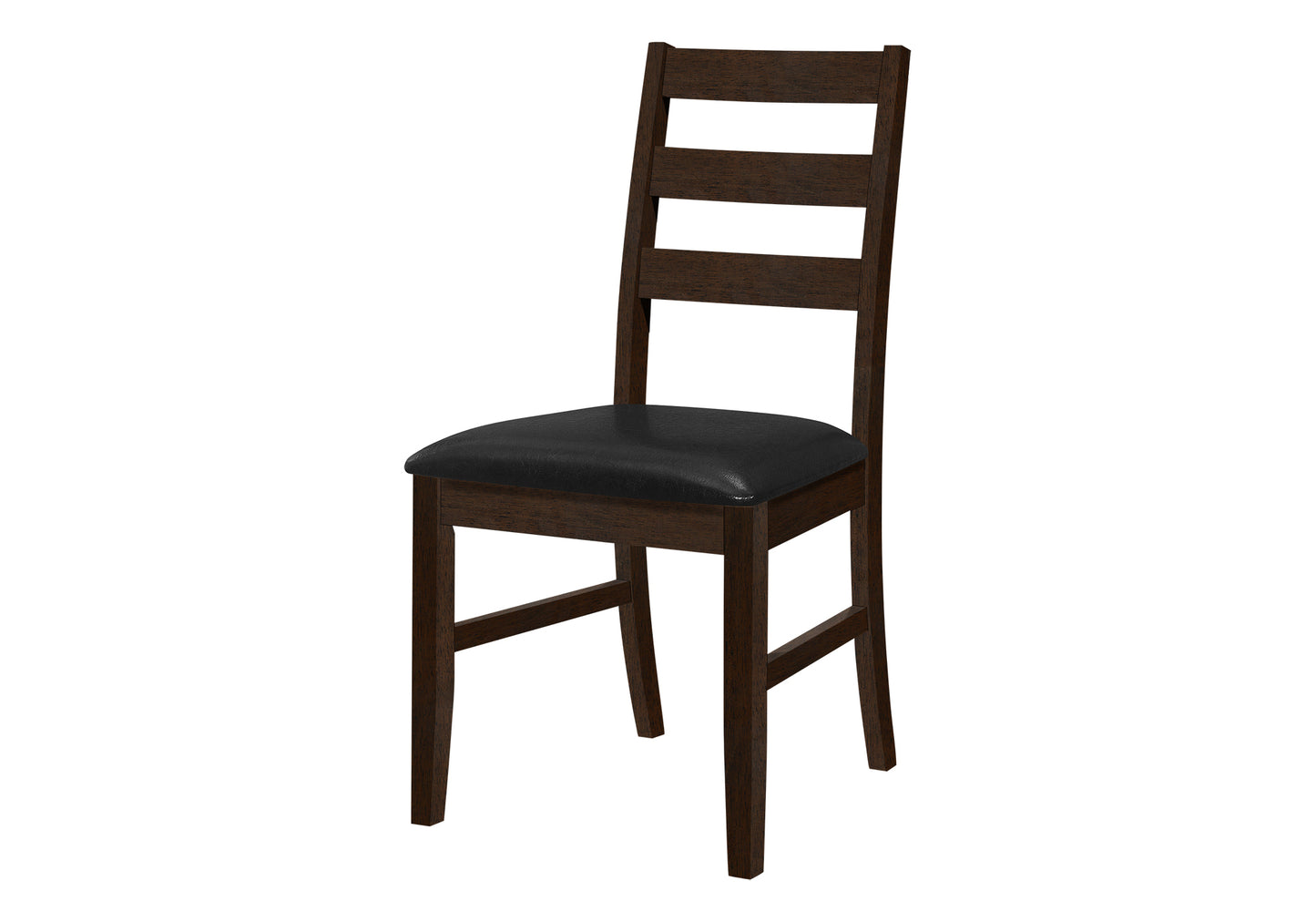 Dark walnut dining chair with horizontal ladder back and black upholstered seat