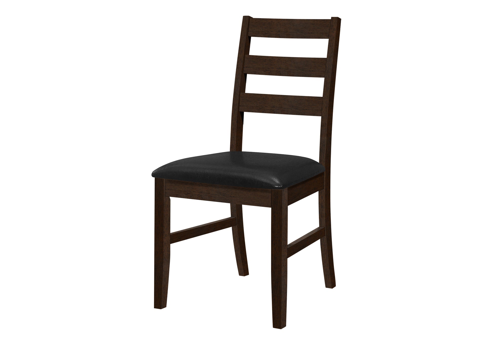 Dark walnut dining chair with horizontal ladder back and black upholstered seat