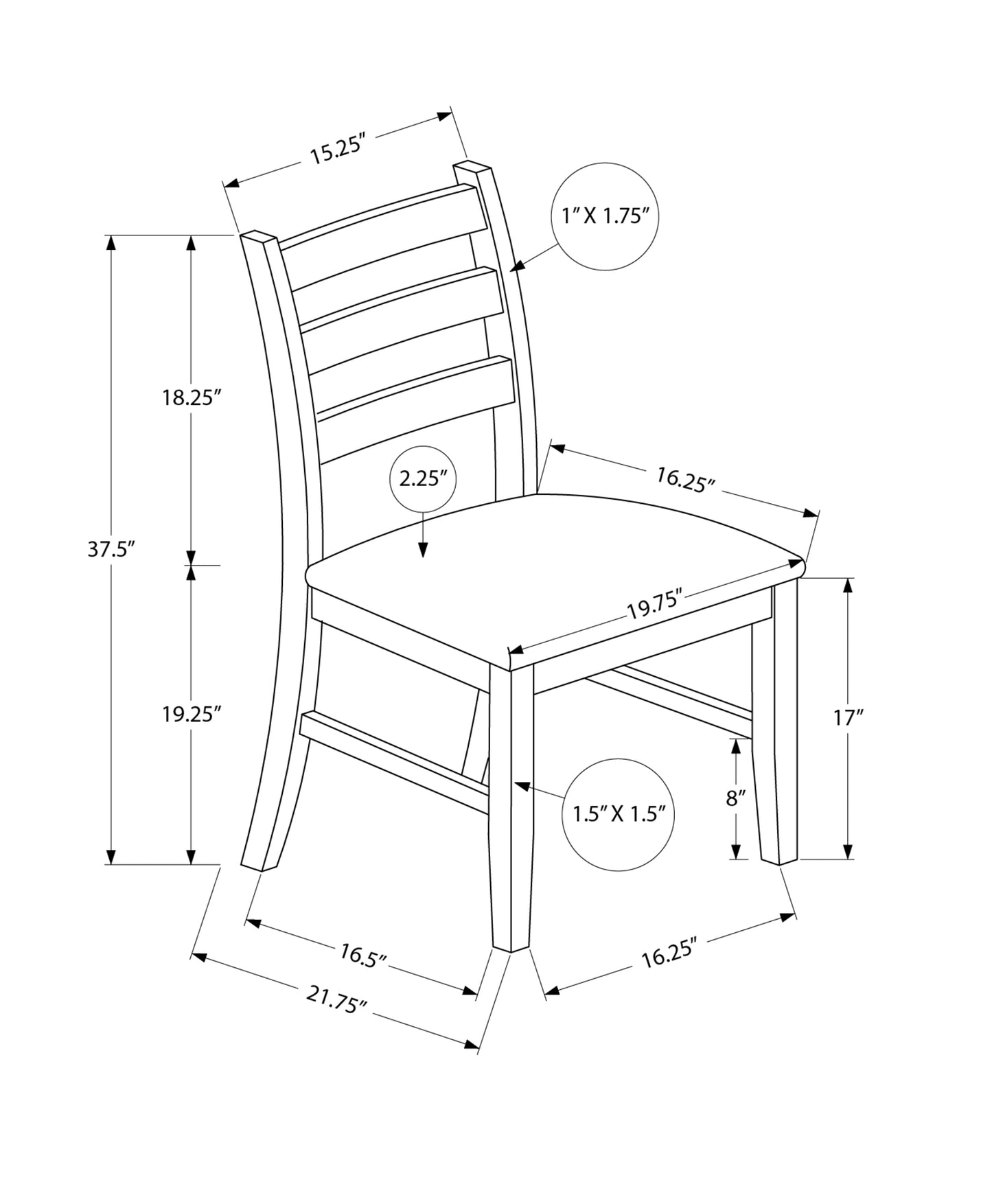Line drawing of a wooden dining chair with dimensions highlighted showing seat height of  inches