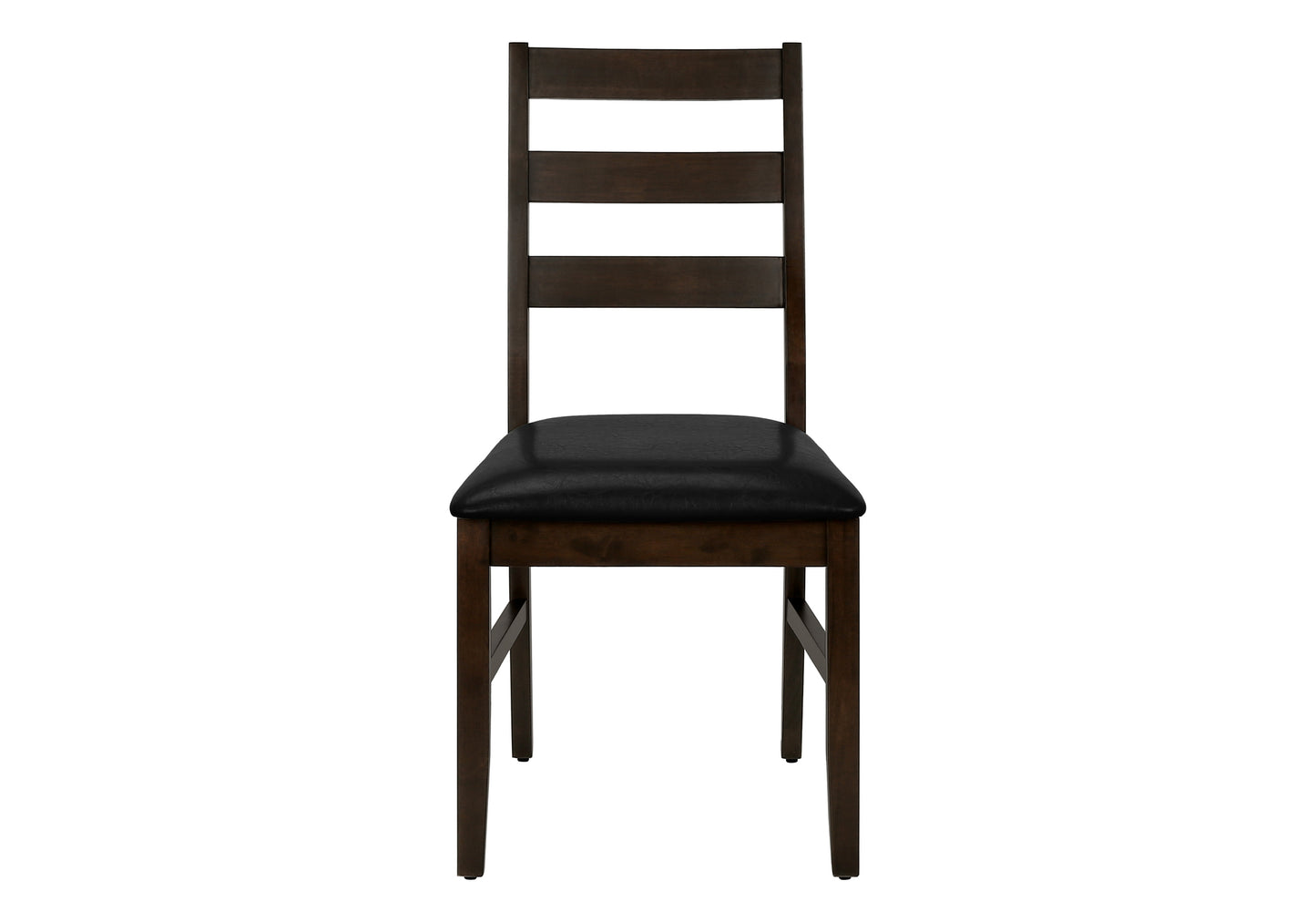 Dark wood ladderback dining chair with black faux leather seat