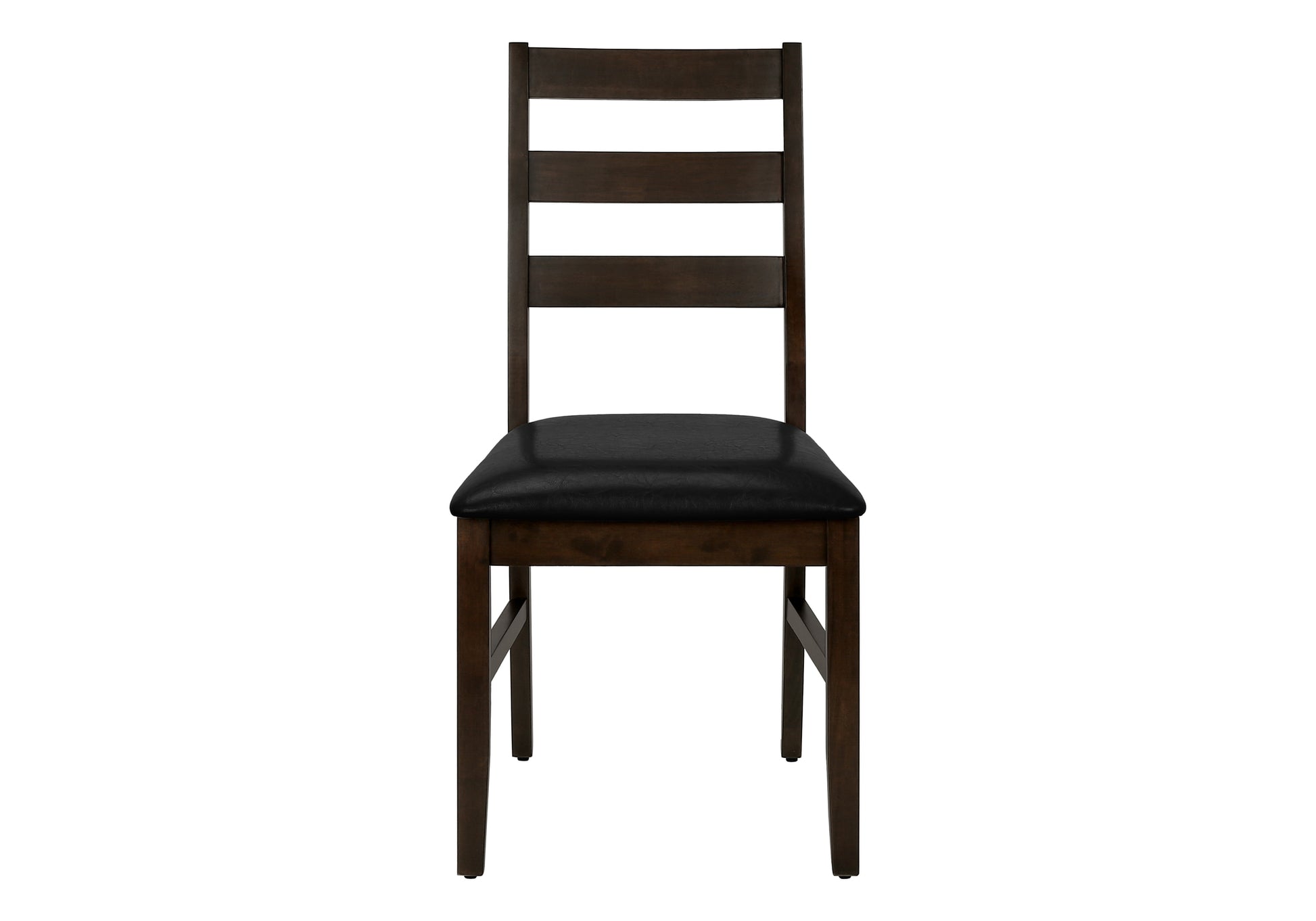Dark wood ladderback dining chair with black faux leather seat