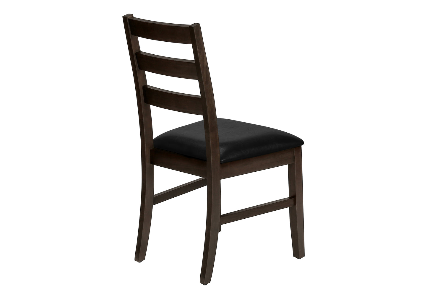 Dark brown wooden dining chair with black upholstered seat horizontal back slats