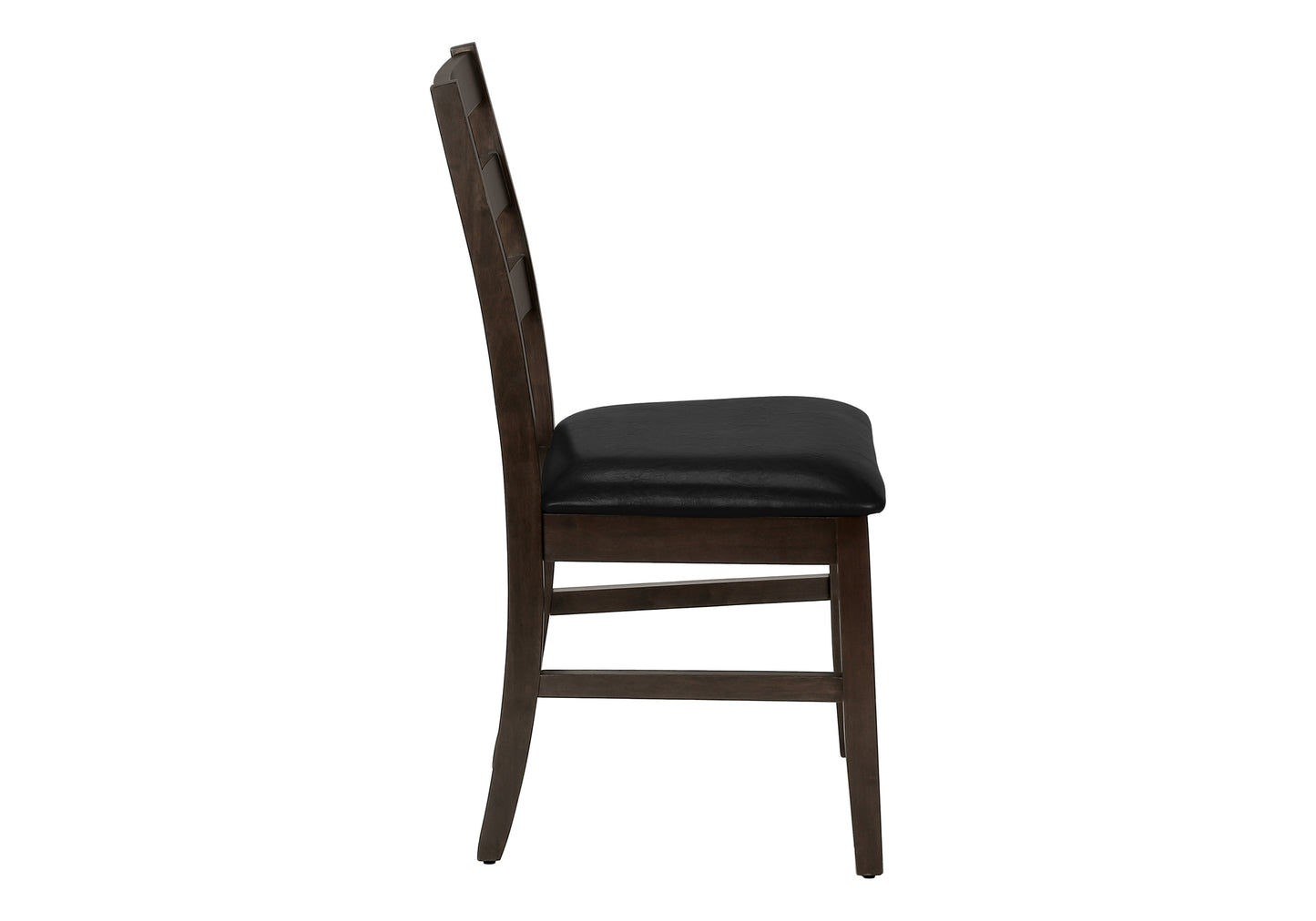 Dark wood dining chair with black leather seat side view This chair is elegant