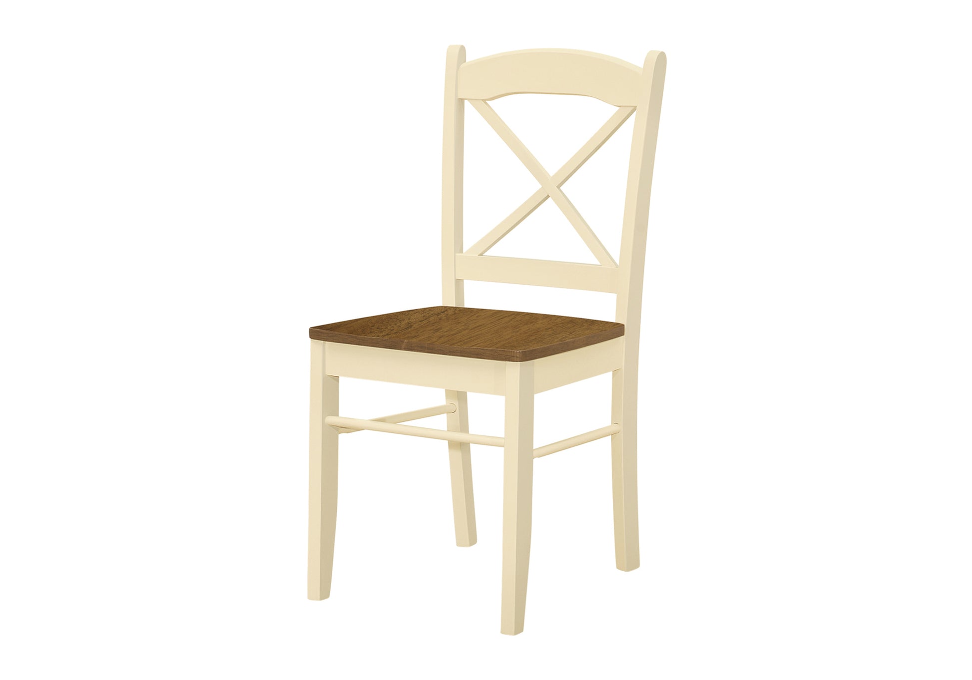 Cream farmhouse dining chair with a distressed oak seat and Xback design