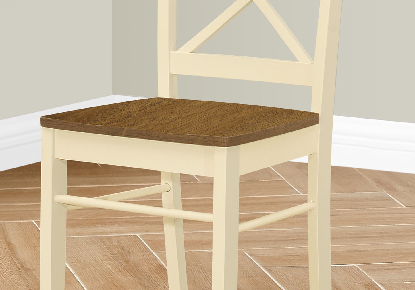Cream wooden bar stool with dark wood seat and crossback design