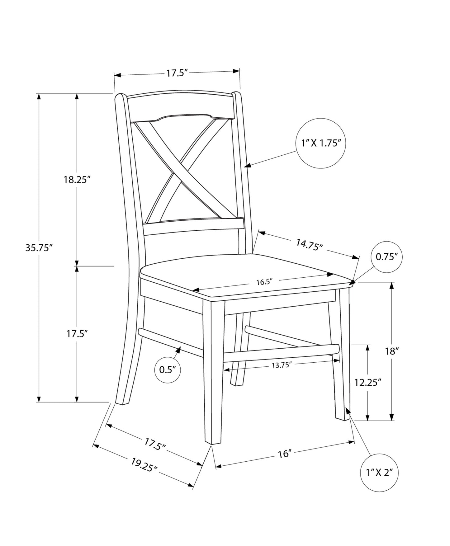 Line drawing of a wooden dining chair with Xback detail showing dimensions for seat and height