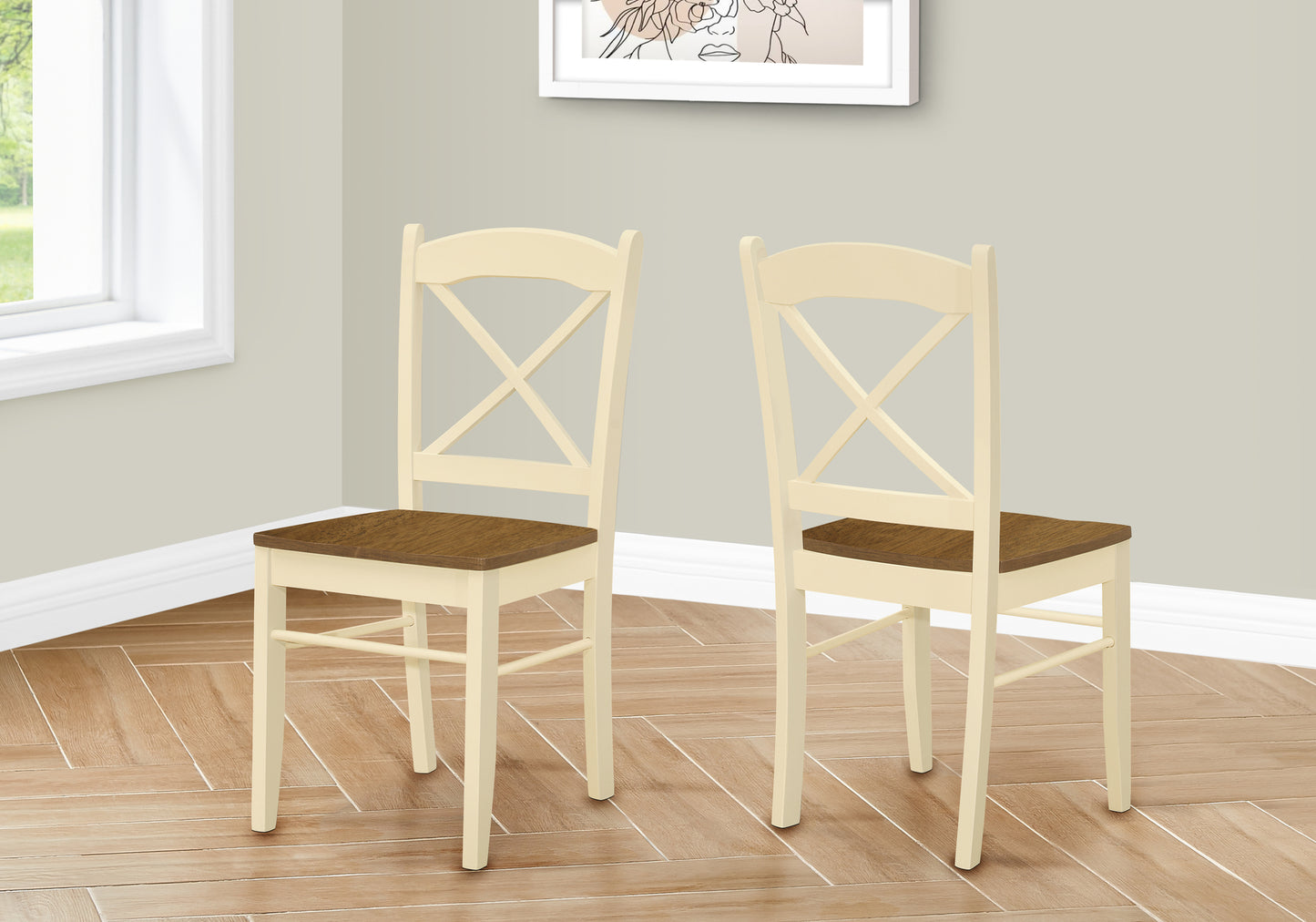 Two cream dining chairs with wood seats and Xback design
