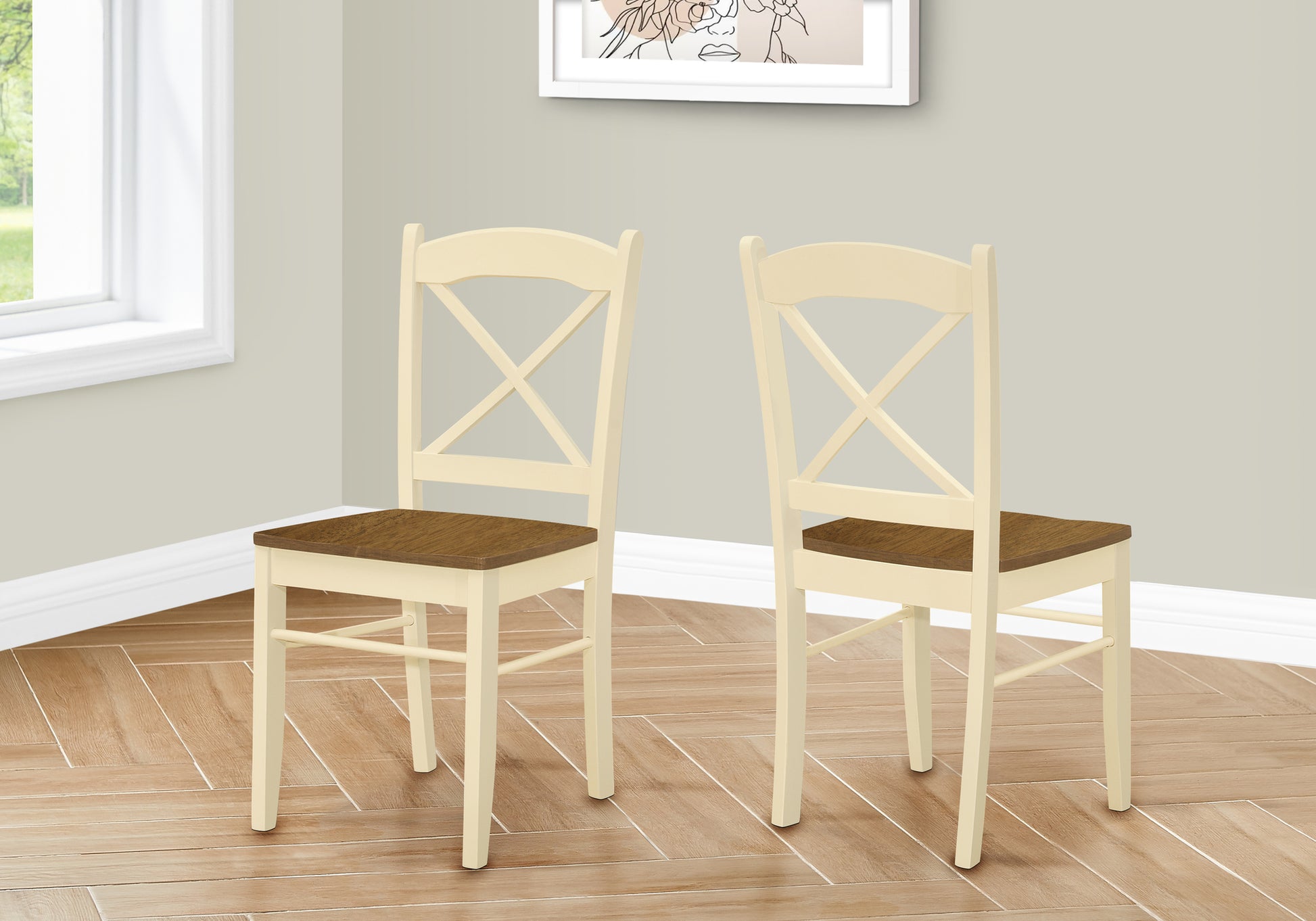 Two cream dining chairs with wood seats and Xback design