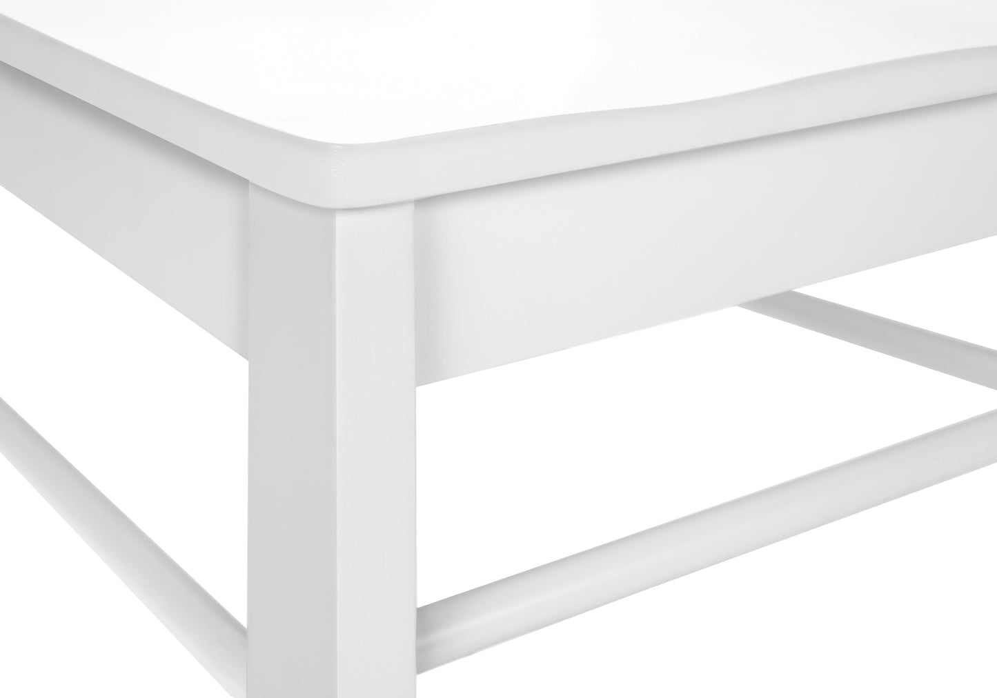 Closeup of a smooth white wooden coffee table corner with clean lines