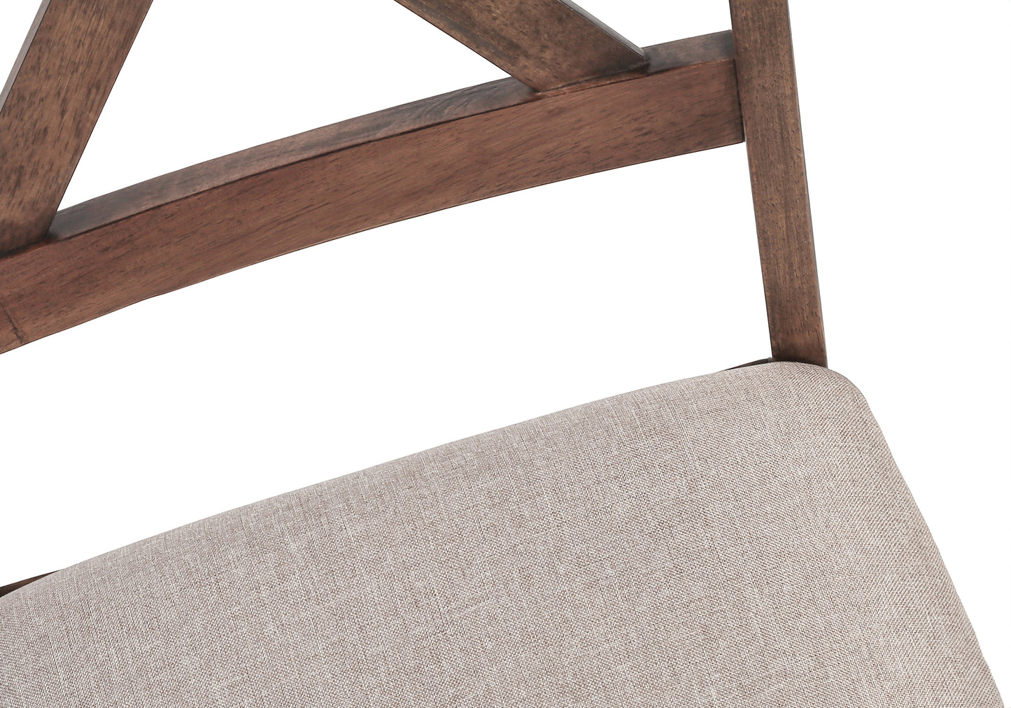 Closeup of a brown wooden chair frame with a beige upholstered seat cushion