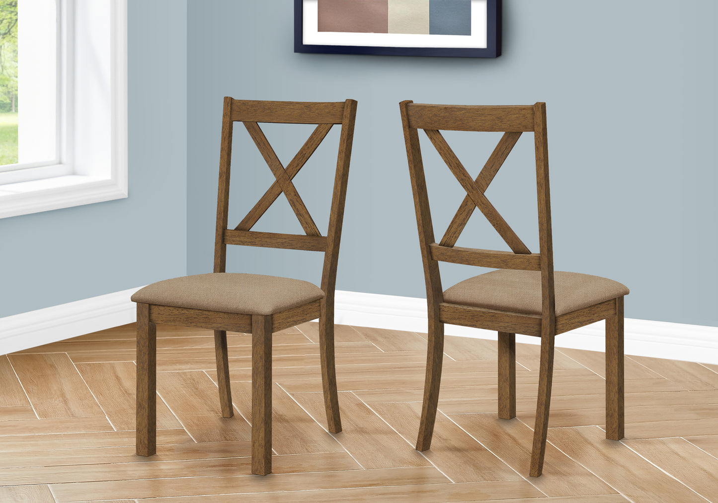Set of two brown wooden dining chairs with Xback design and tan fabric seats