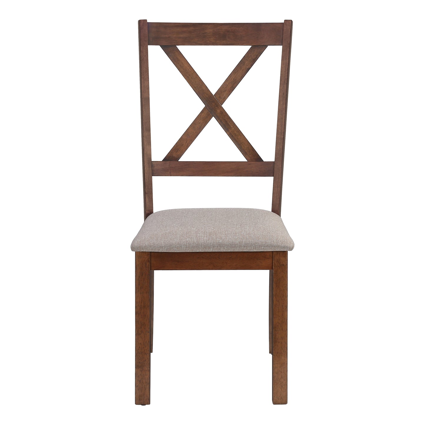 Brown wooden dining chair with upholstered seat and Xback design