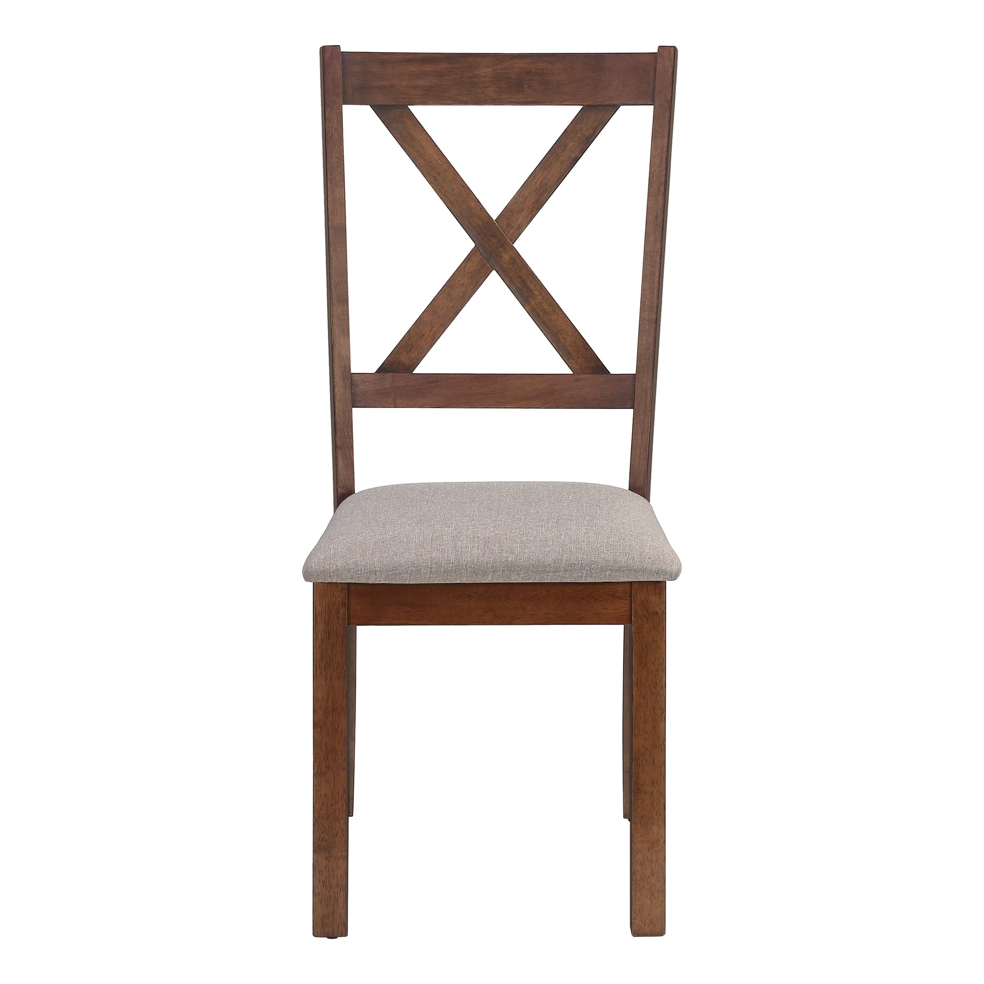 Brown wooden dining chair with upholstered seat and Xback design
