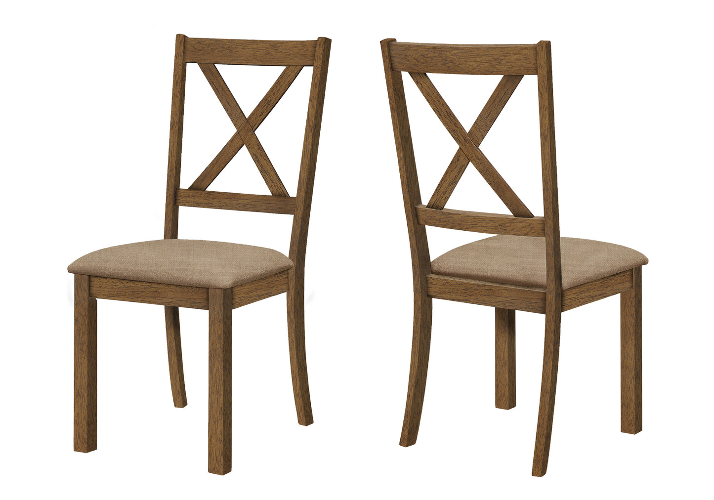 Two wooden dining chairs with Xback design and upholstered seats