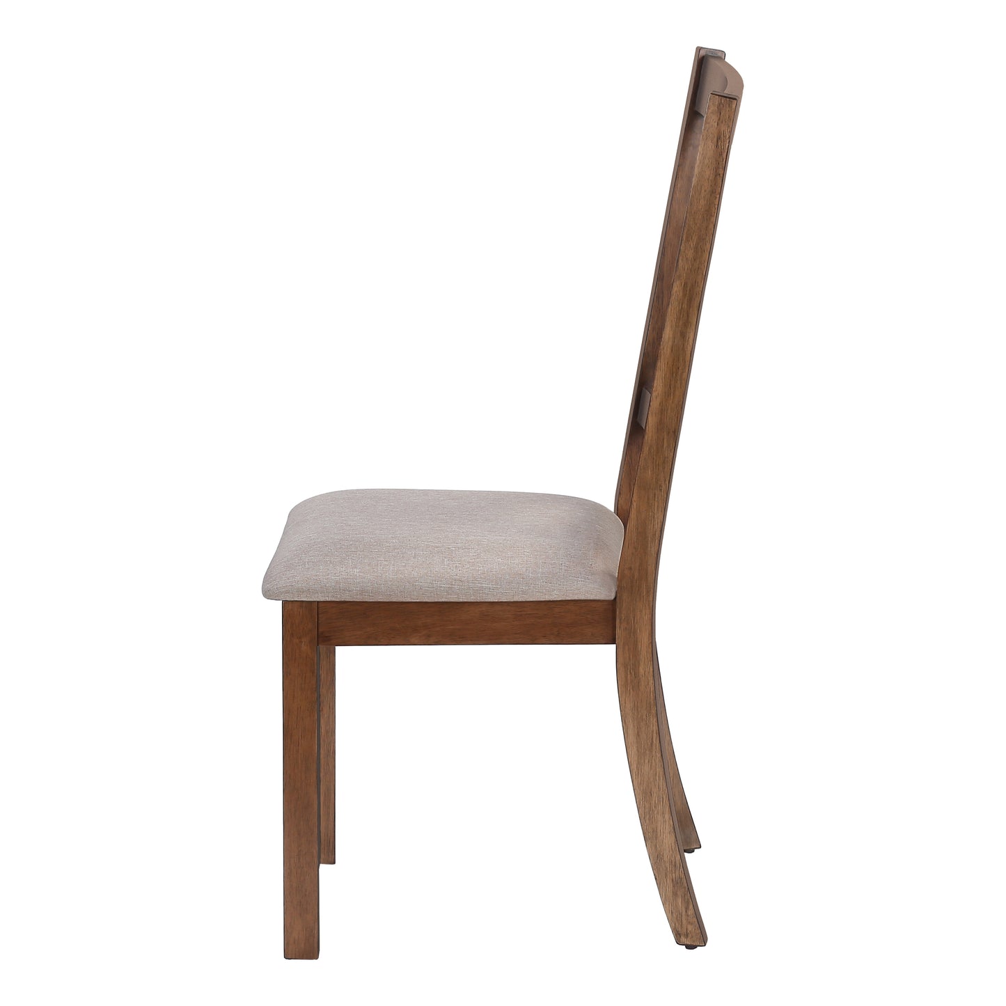 Side view of a brown wood dining chair with a light gray upholstered seat