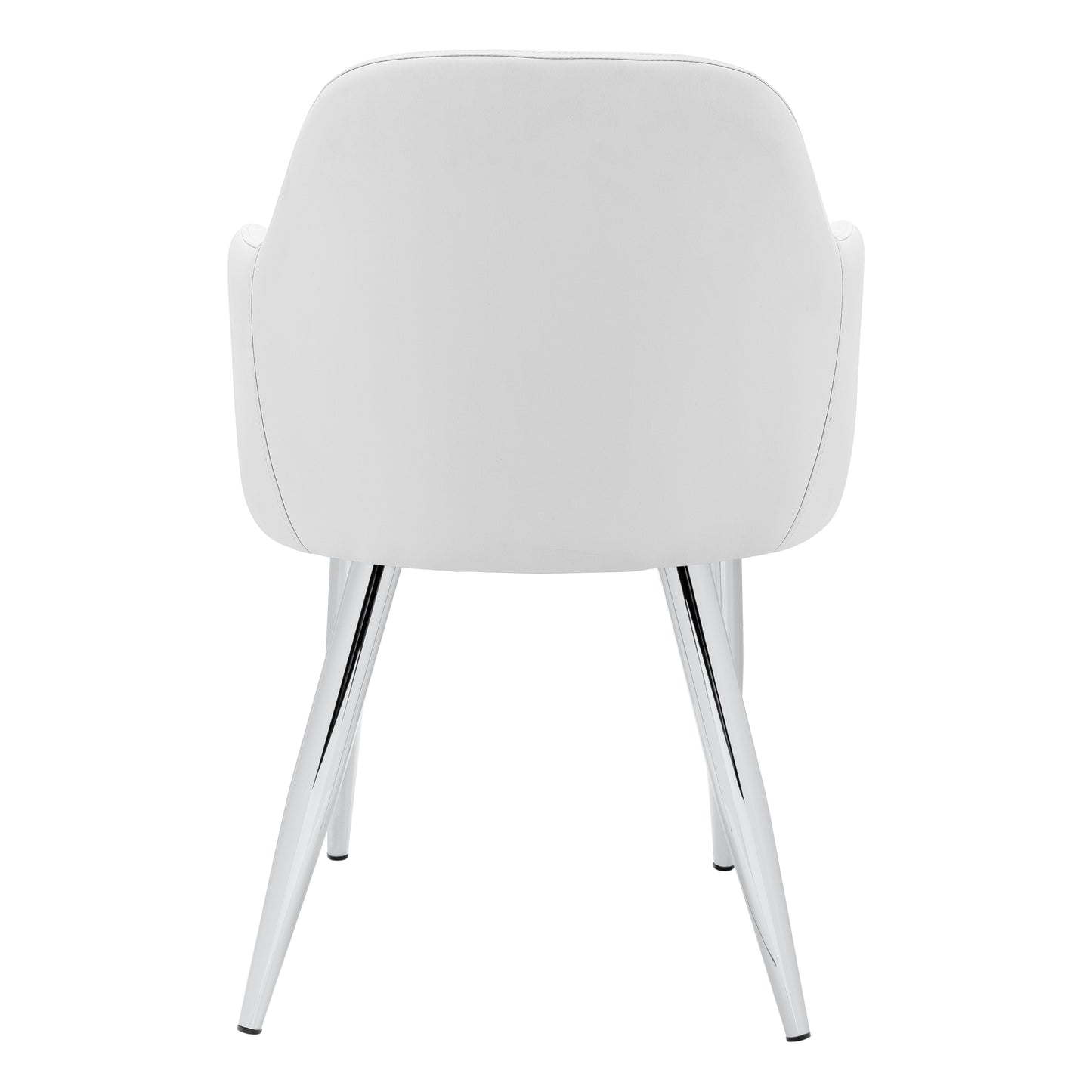 Rear view of a modern white upholstered chair with polished chrome legs