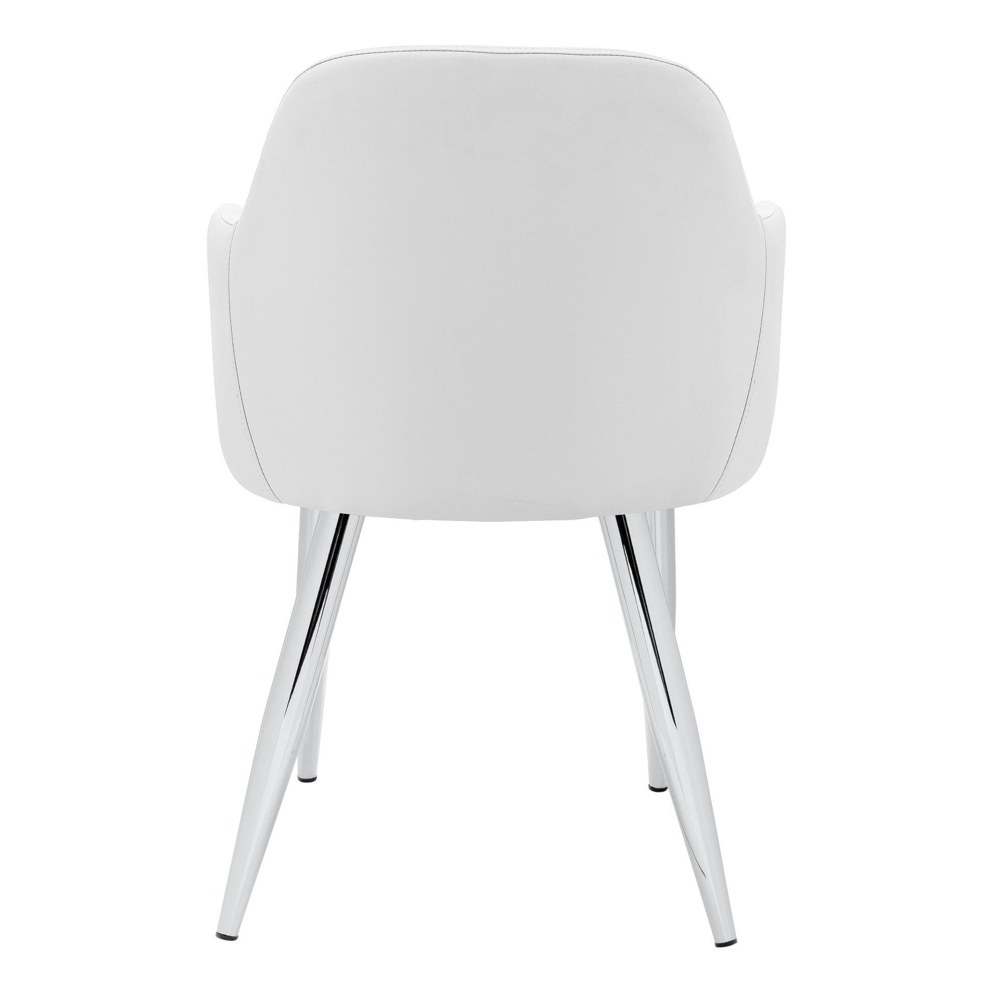 Rear view of a modern white upholstered chair with polished chrome legs
