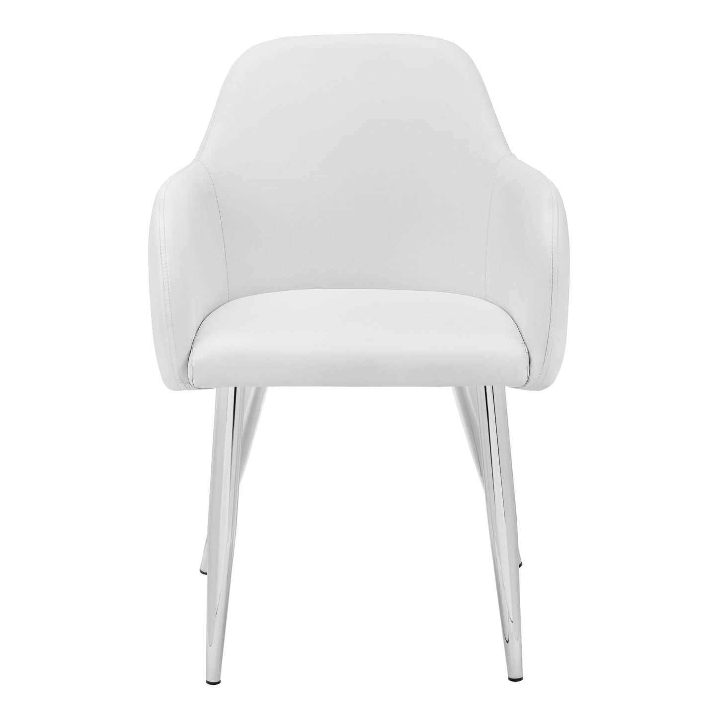 White upholstered armchair with polished chrome legs perfect for dining rooms