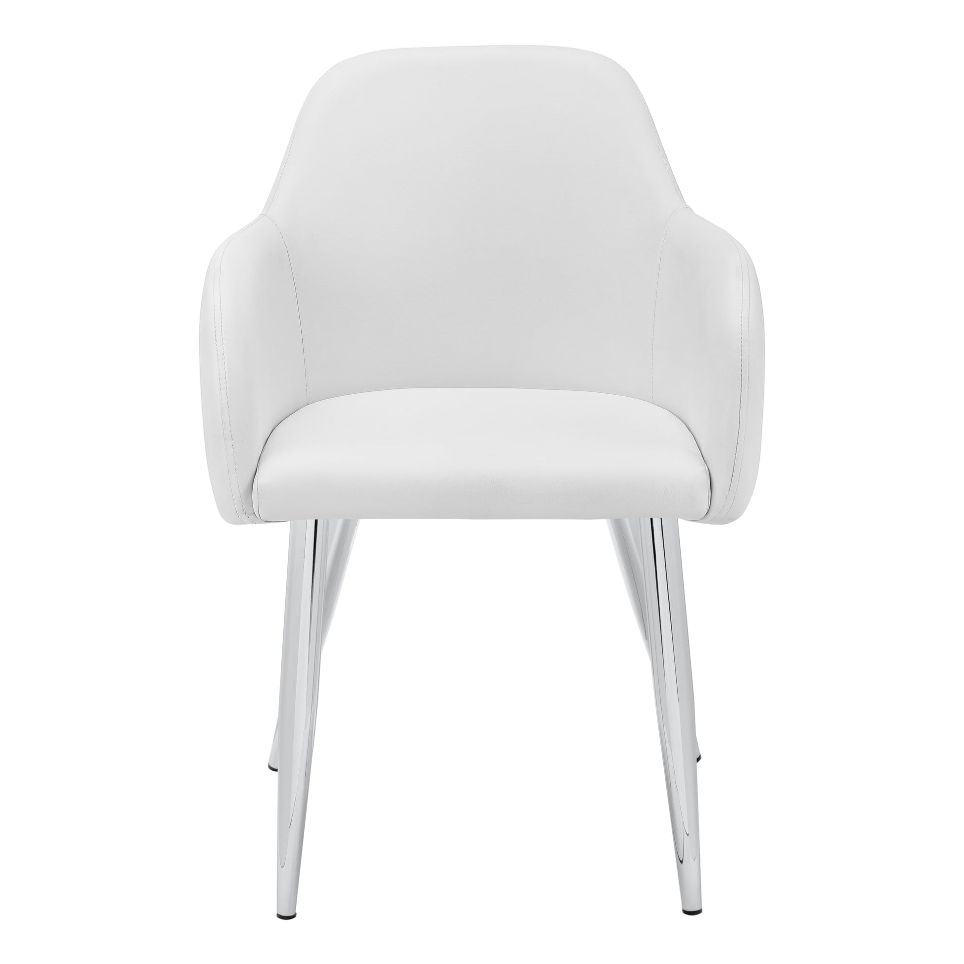 White upholstered armchair with polished chrome legs perfect for dining rooms