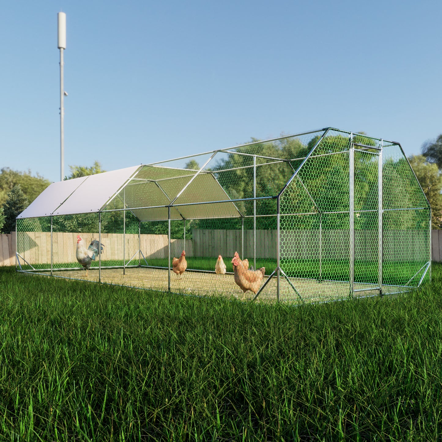 Large metal and mesh chicken coop with white roof and chickens