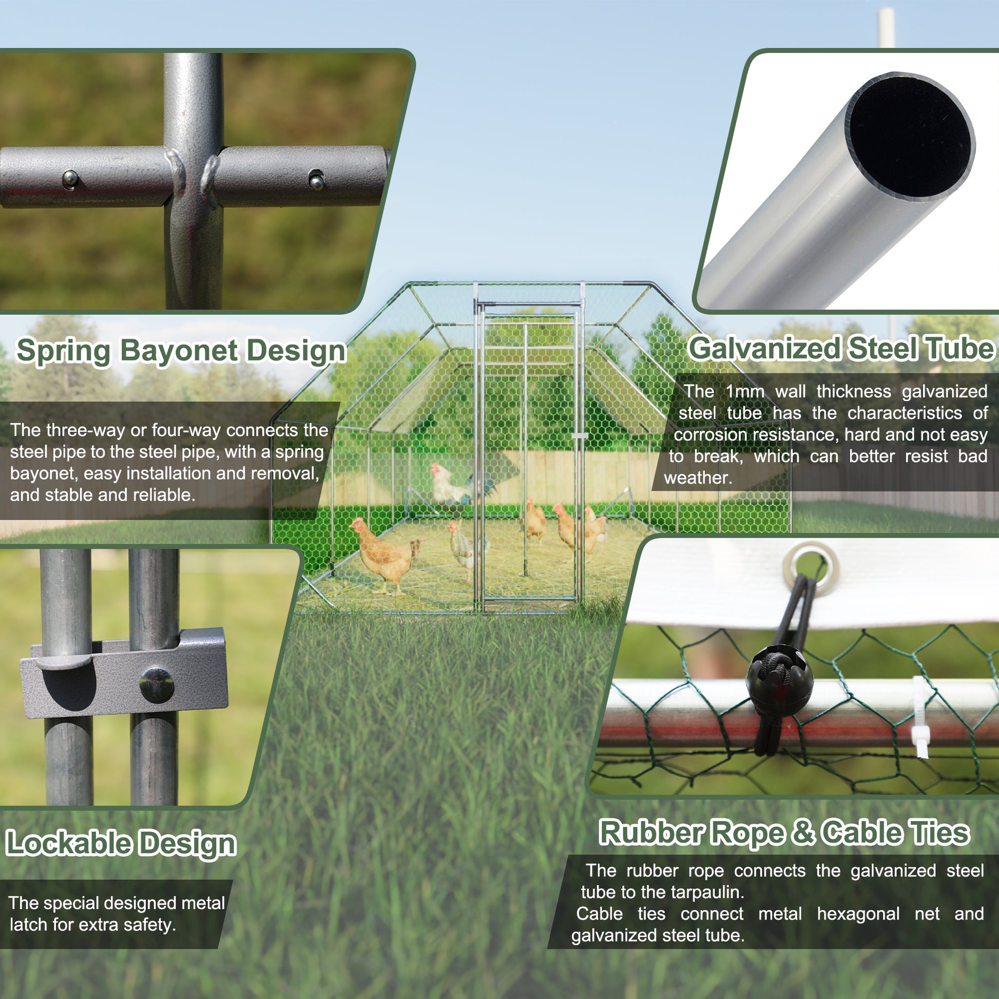 Chicken coop features spring bayonet design for easy assembly of galvanized steel tubes