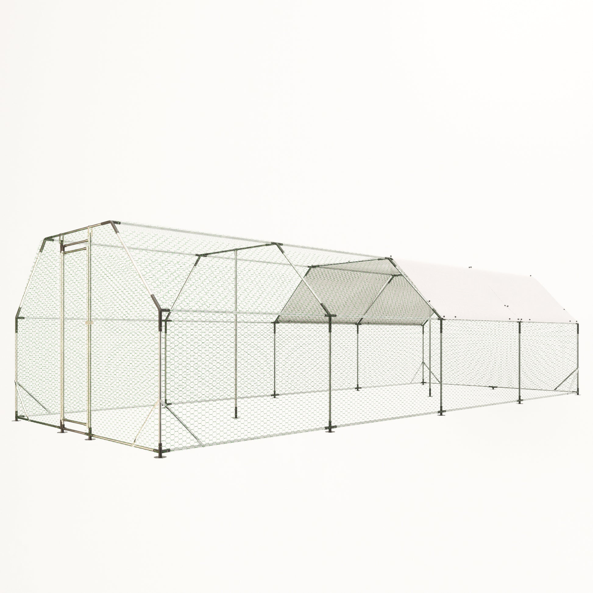 Spacious walkin chicken coop with wire mesh and a white canopy roof