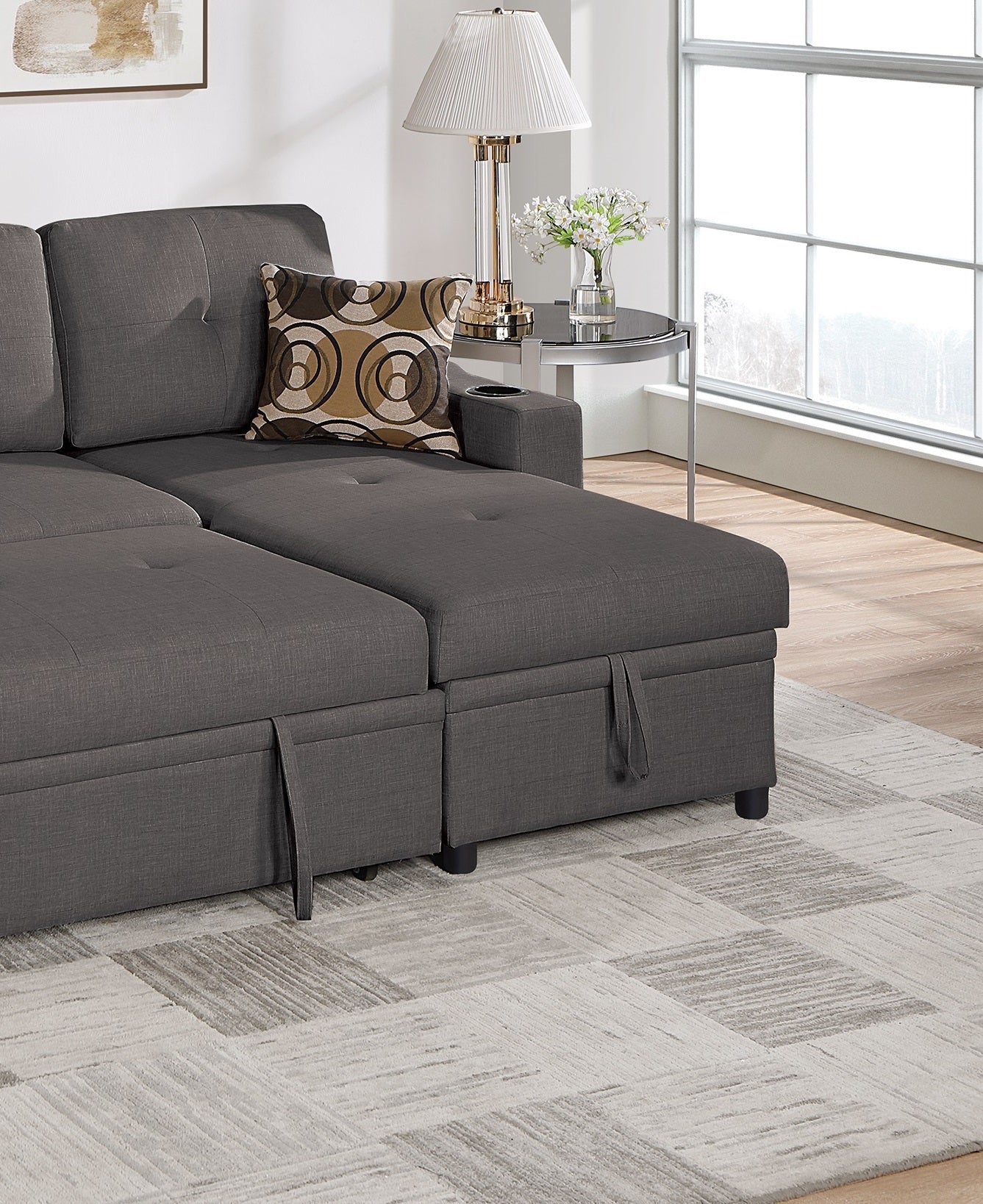 Dark gray fabric sectional sofa with hidden storage perfect for modern living rooms