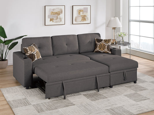 Gray sectional sofa with pullout bed tufted cushions and storage compartments