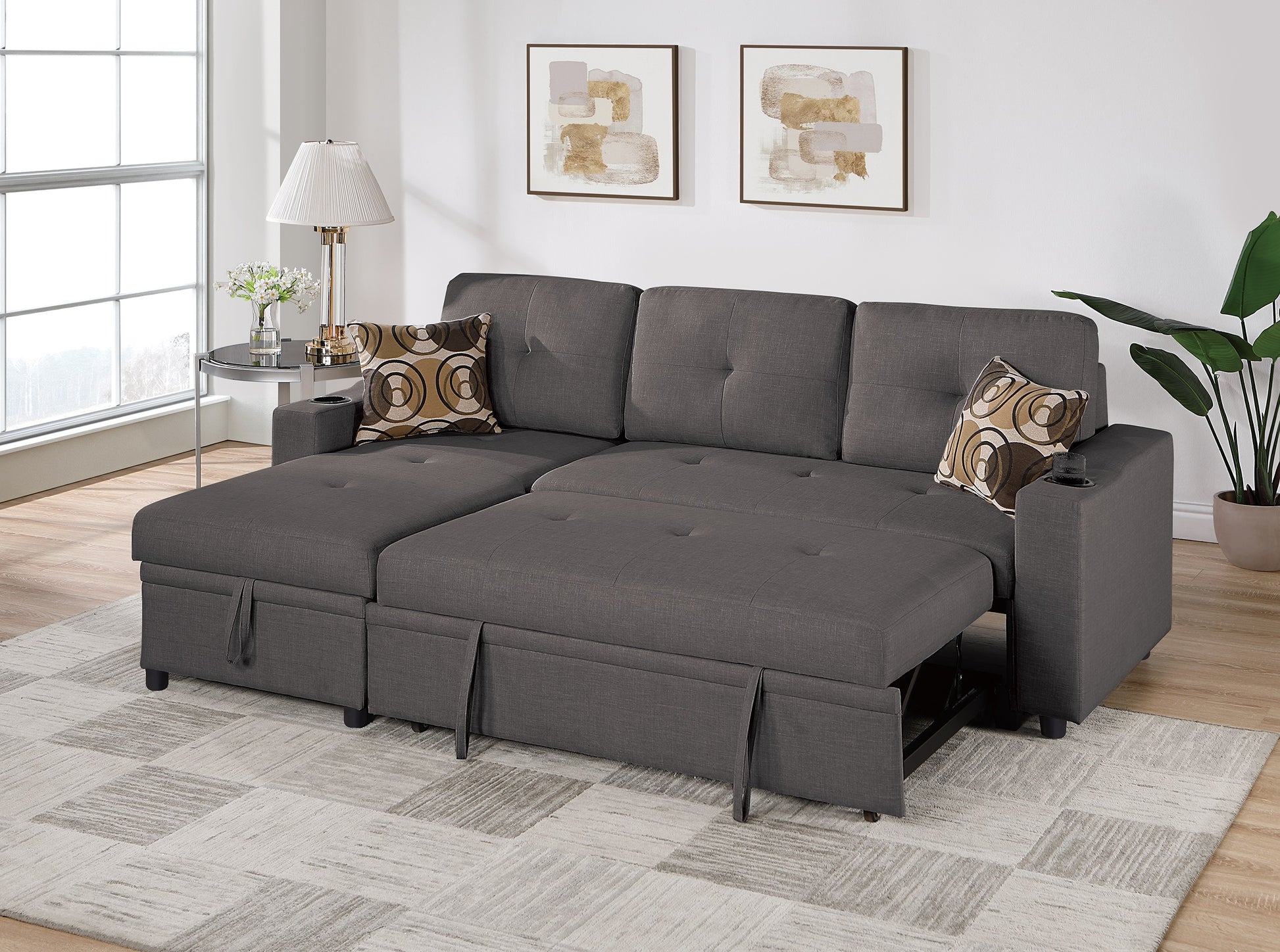 Dark gray sectional sofa bed with storage tufted cushions and modern design
