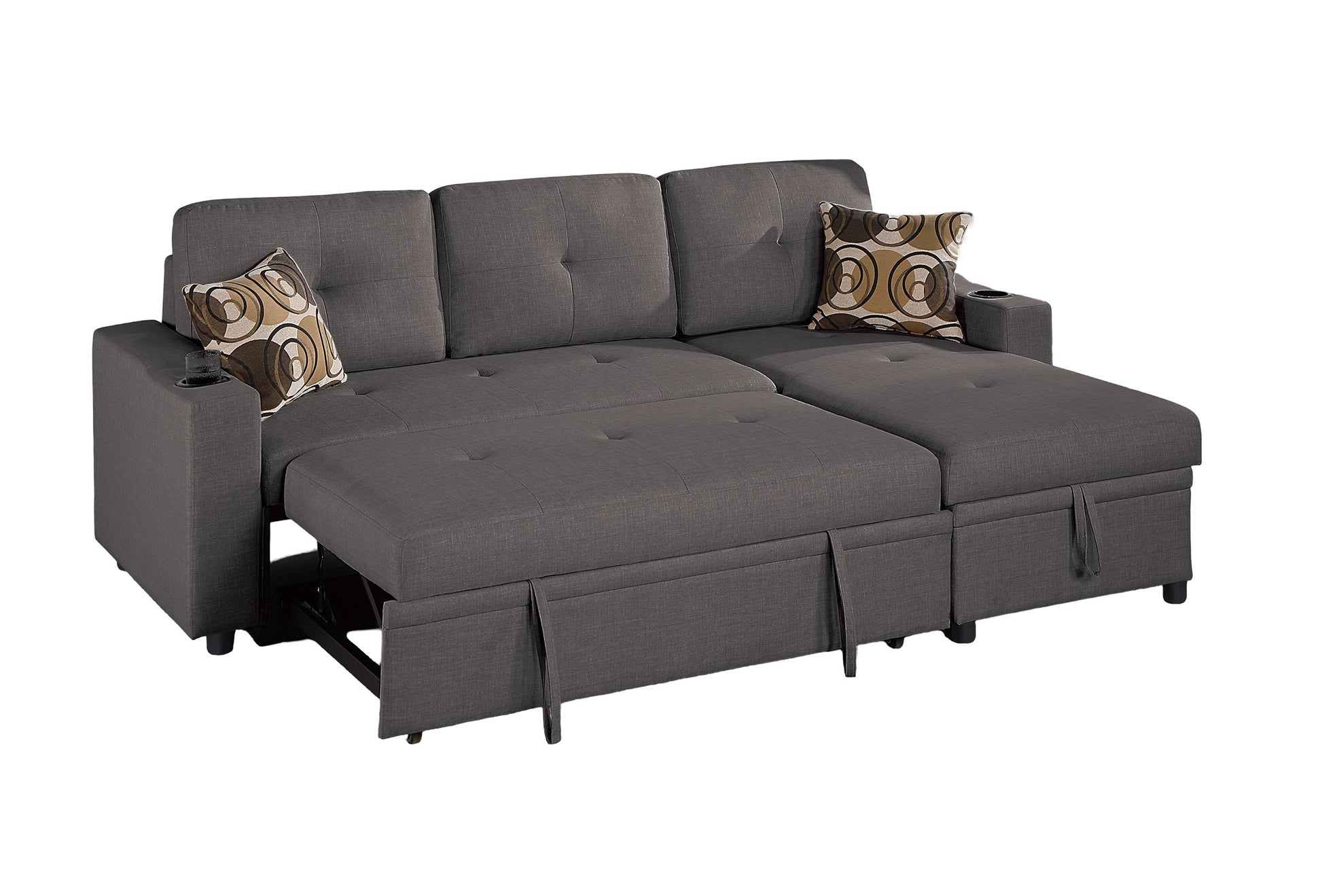 Dark grey sofa bed with tufted cushions and storage chaise
