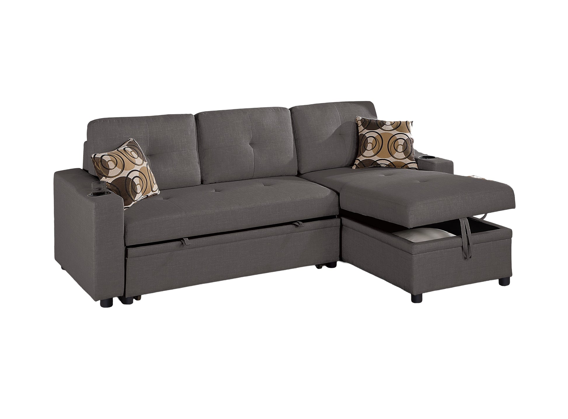 Dark gray linen sectional sofa bed with storage chaise and cup holders