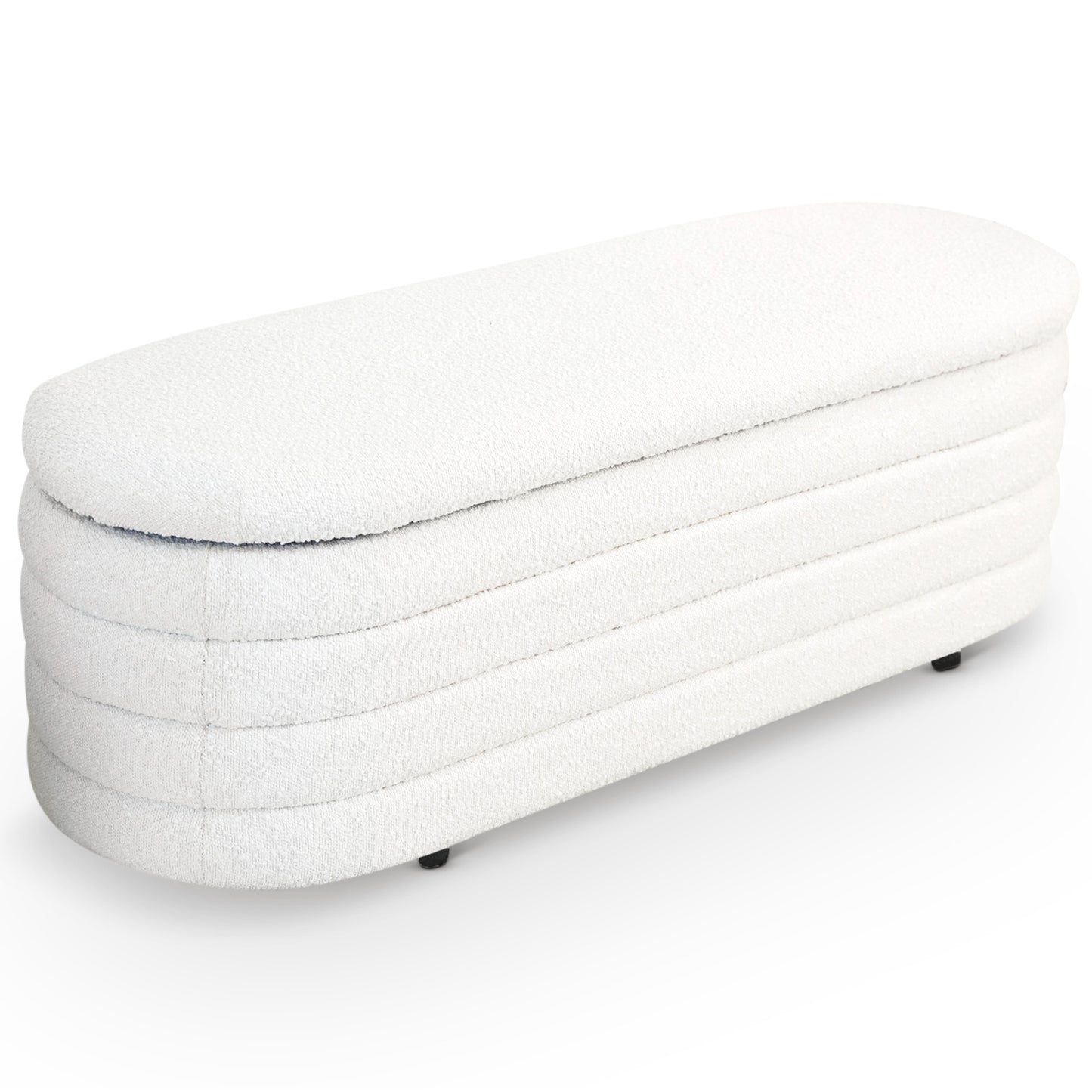 White boucle storage bench with rounded edges and horizontal tufting modern accent piece