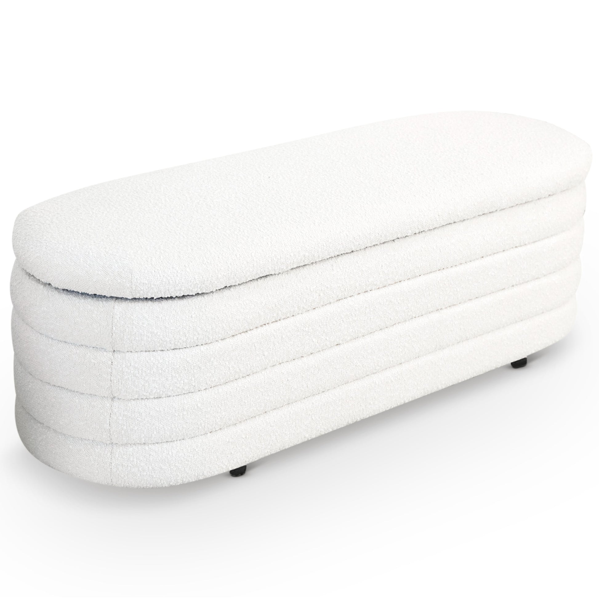 White boucle storage bench with rounded edges and horizontal tufting modern accent piece