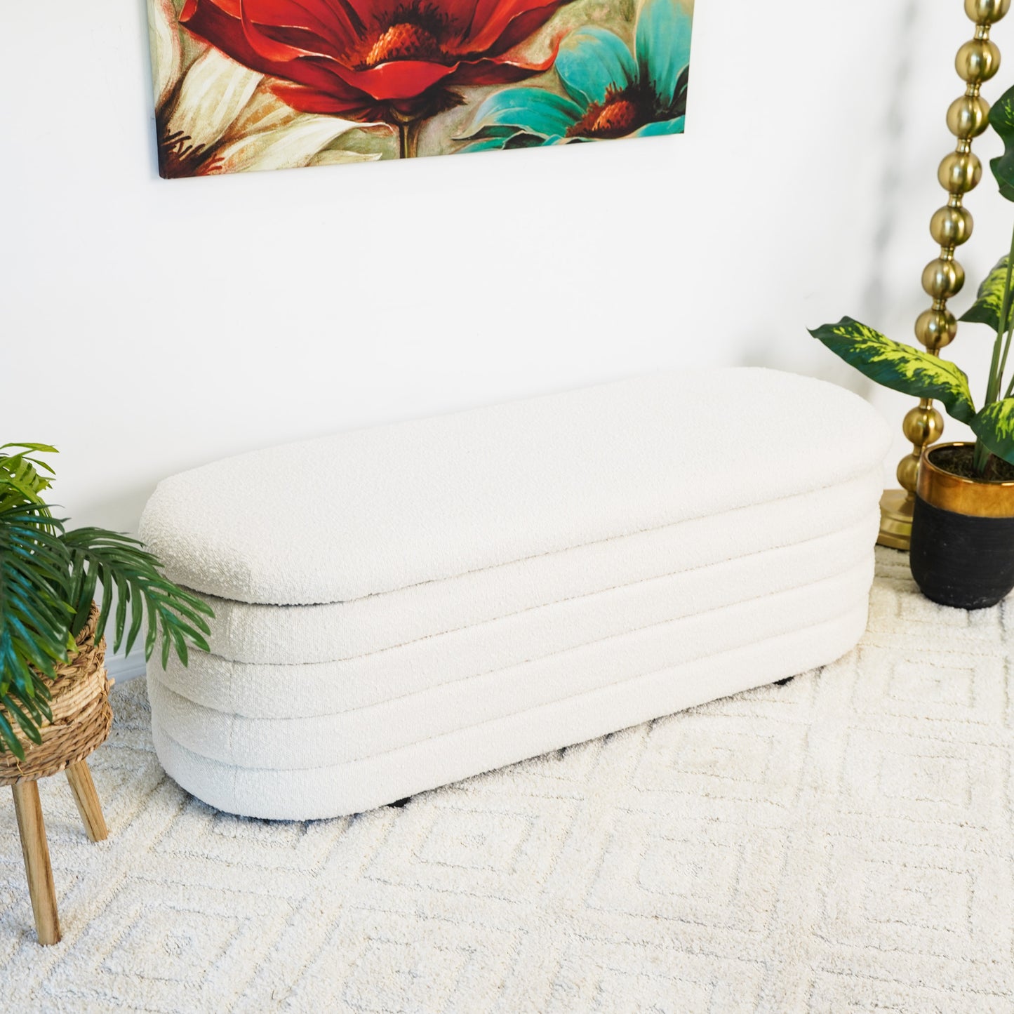 Textured cream storage bench with rounded edges and ribbed detailing