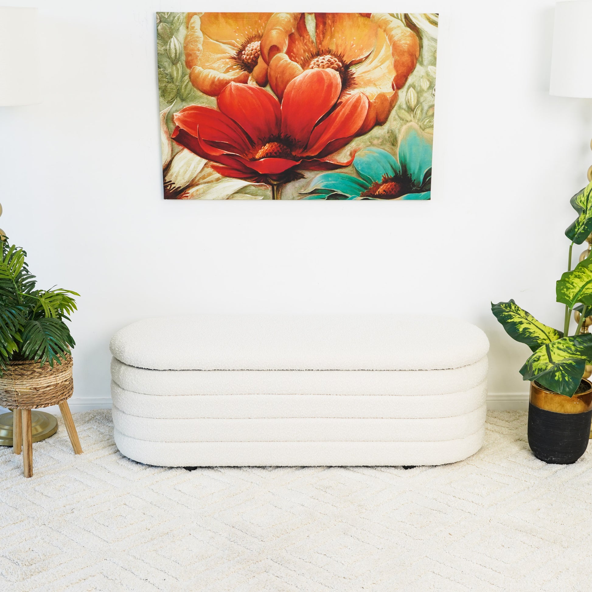 White boucle storage ottoman with horizontal ribbed texture perfect for entryways