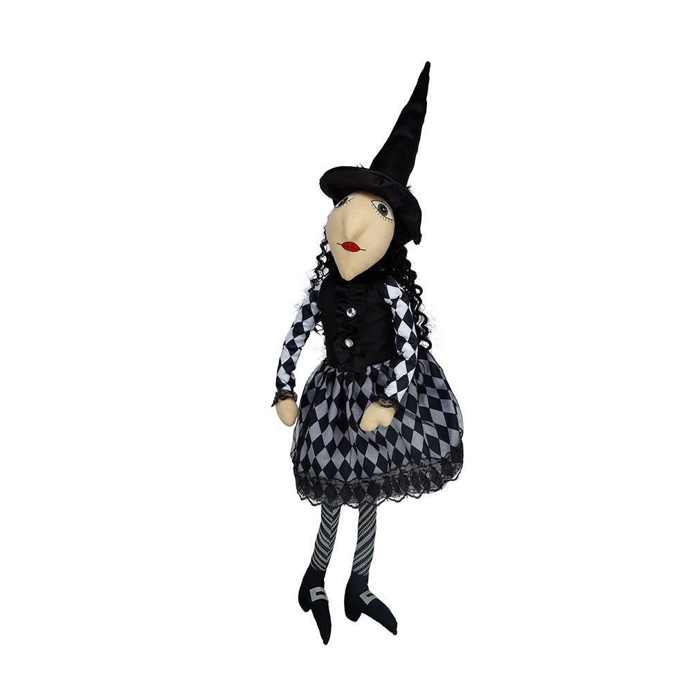 Halloween witch doll with black pointed hat and diamond pattern dress