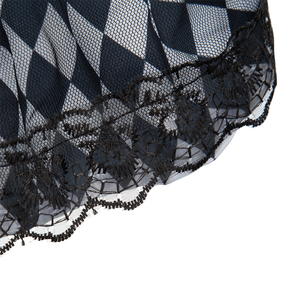 Black diamond mesh fabric with intricate lace trim