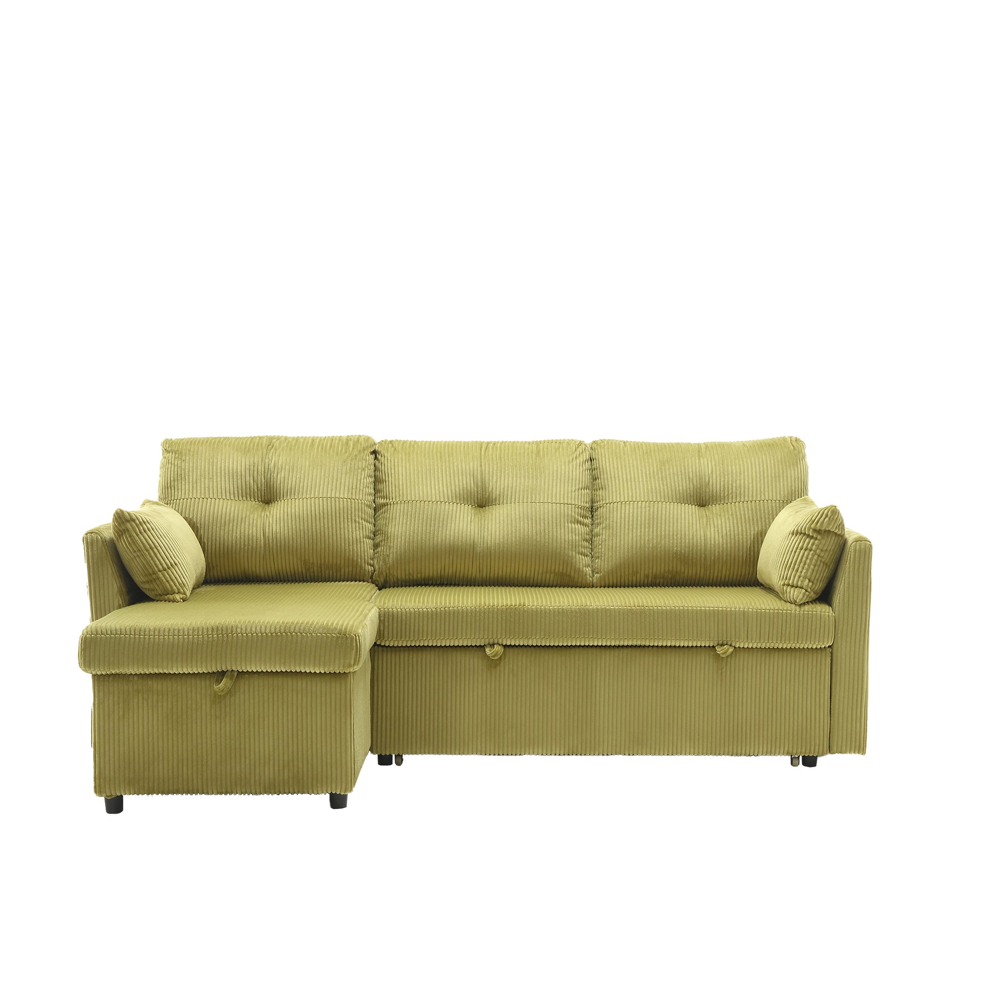 Green corduroy sectional sofa with tufted cushions and storage perfect for modern living rooms