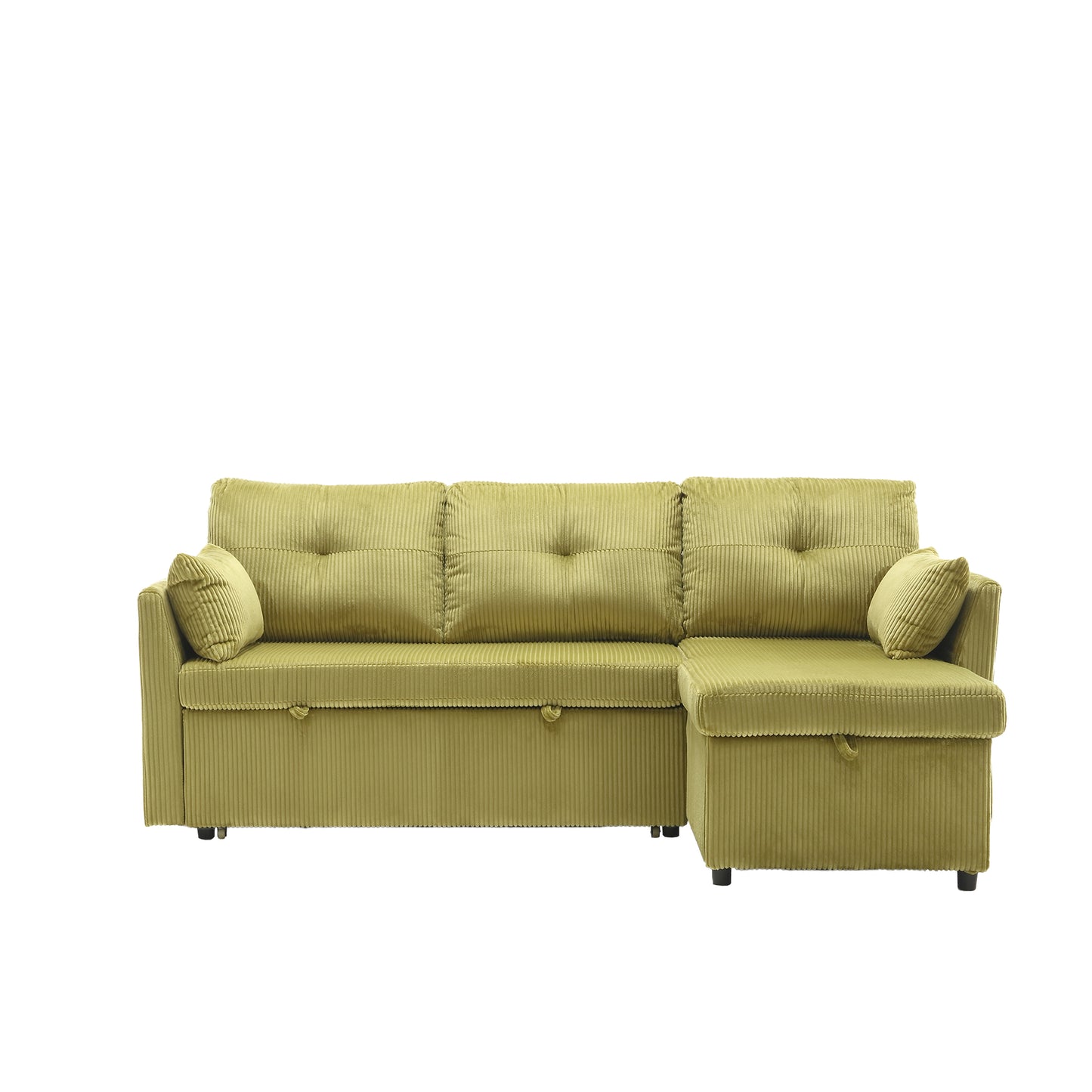 Lime green corduroy sectional sofa with tufted cushions and storage