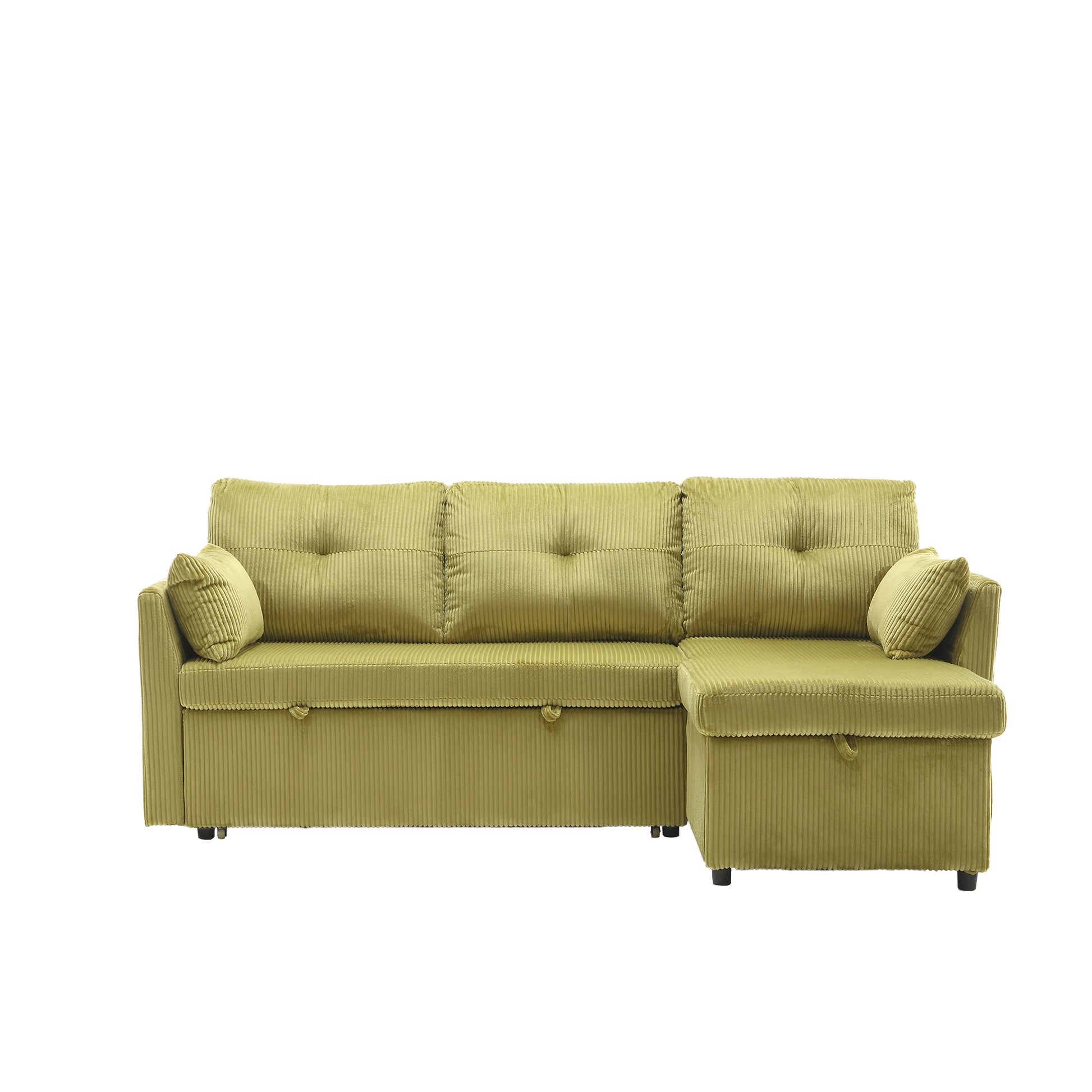 Lime green corduroy sectional sofa with tufted cushions and storage