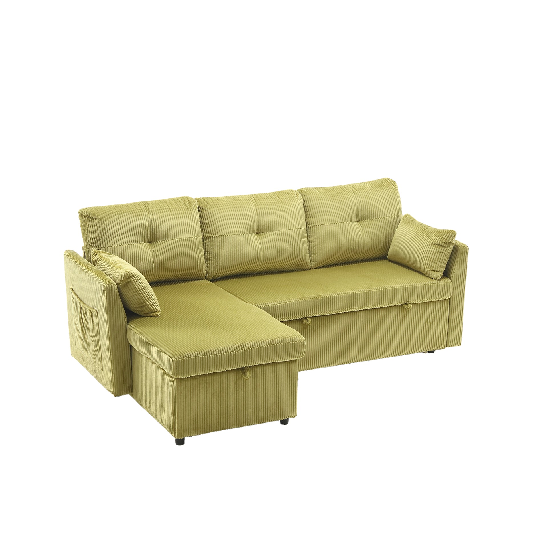 Lime green corduroy sectional sofa with tufted back cushions