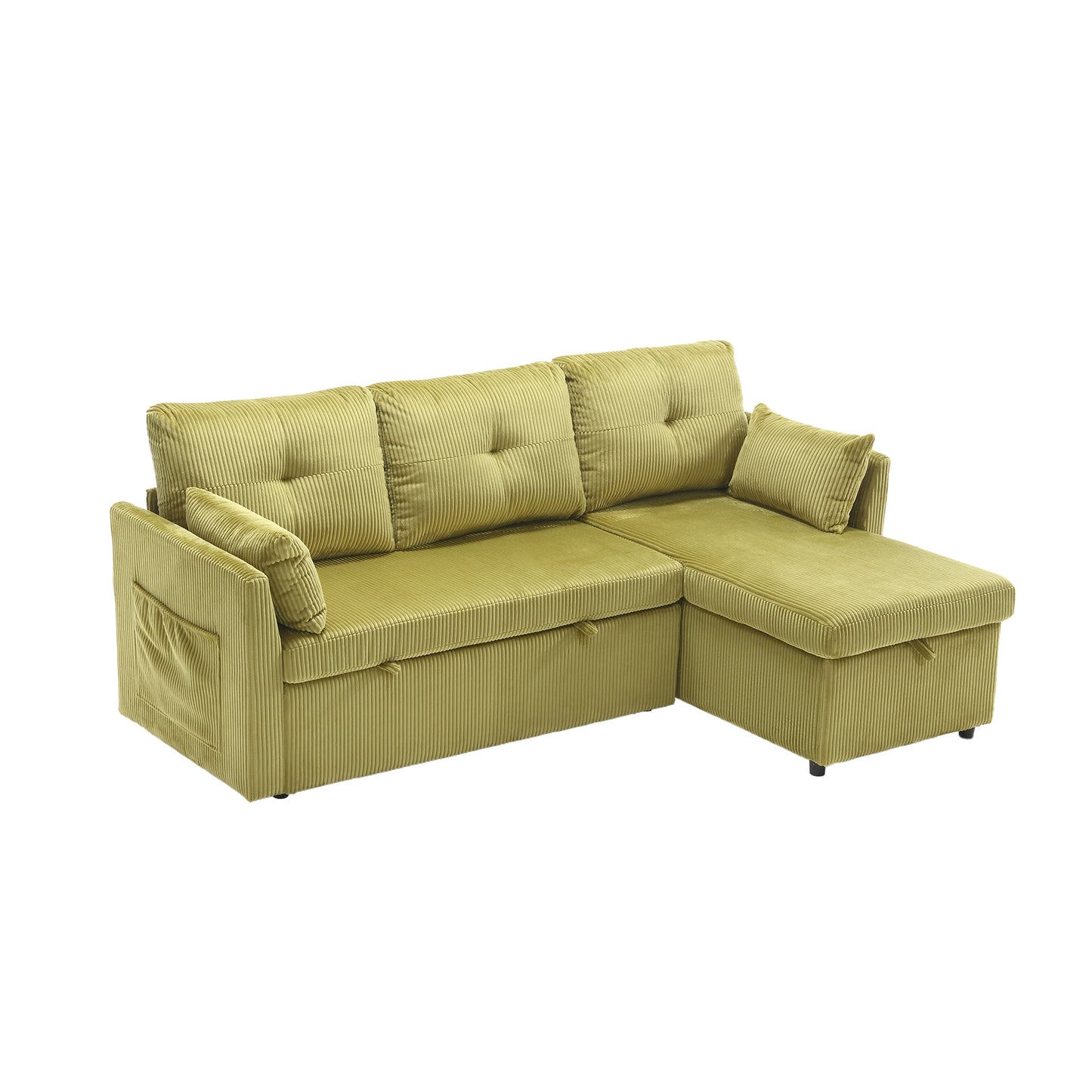 Lime green corduroy sectional sofa with tufted cushions and storage ottoman