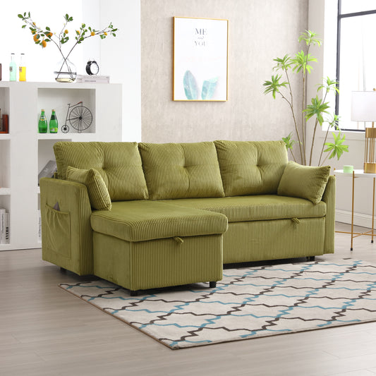 Comfortable corduroy sectional sofa in a vibrant lime green perfect for small apartments