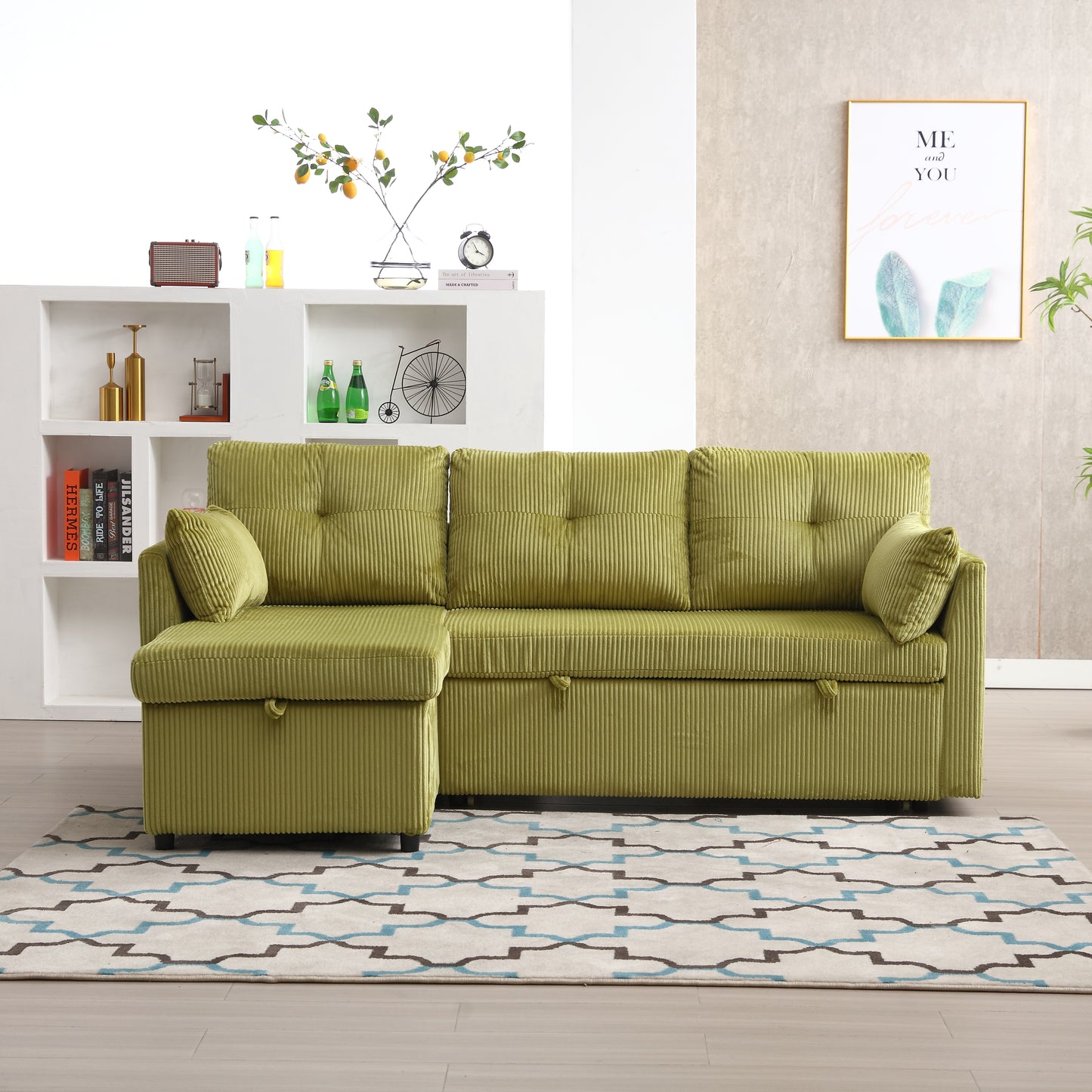 Green corduroy sectional sofa with hidden storage tufted cushions and accent pillows