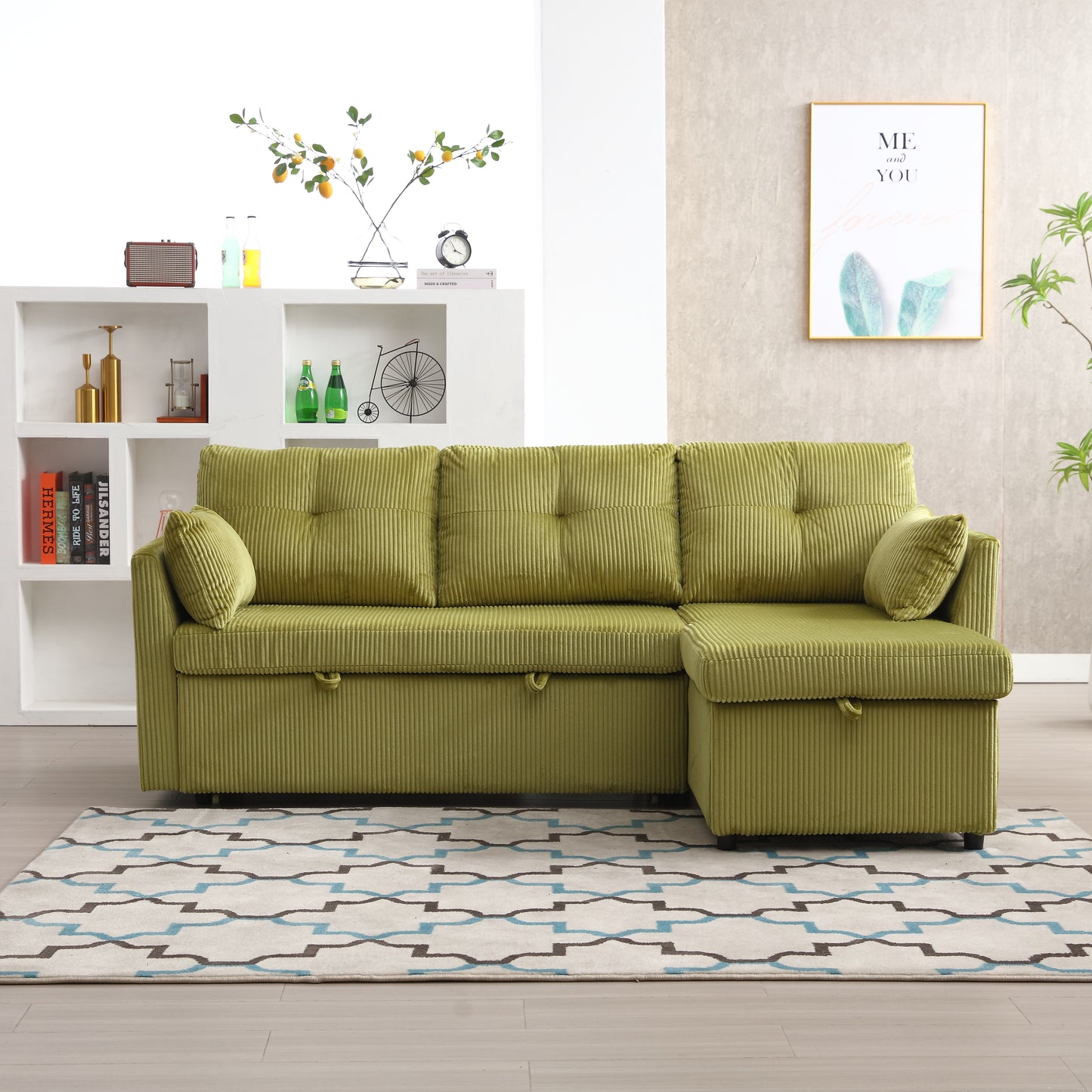 Lime green corduroy sectional sofa with storage chaise for living rooms