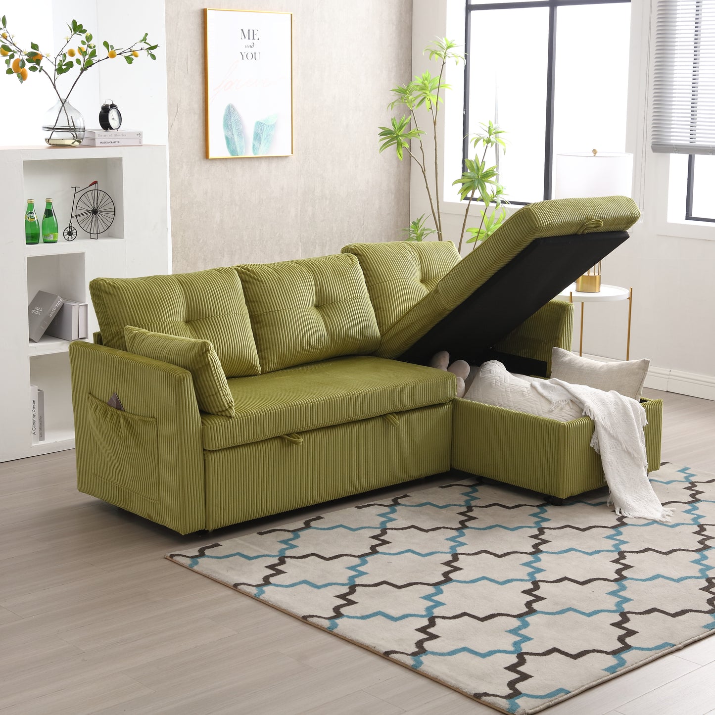 Green corduroy sectional sofa with hidden storage and pullout bed