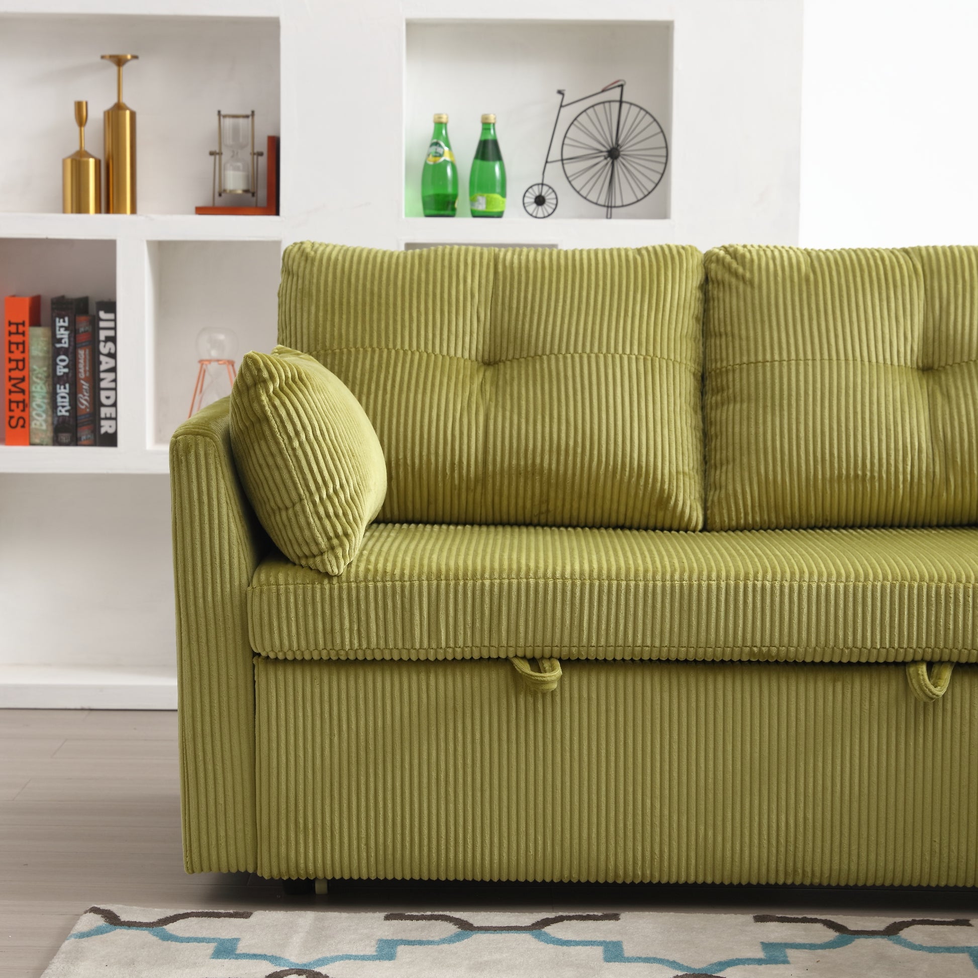 Corduroy sofa in olive green featuring plush cushions and a contemporary design for living room comfort